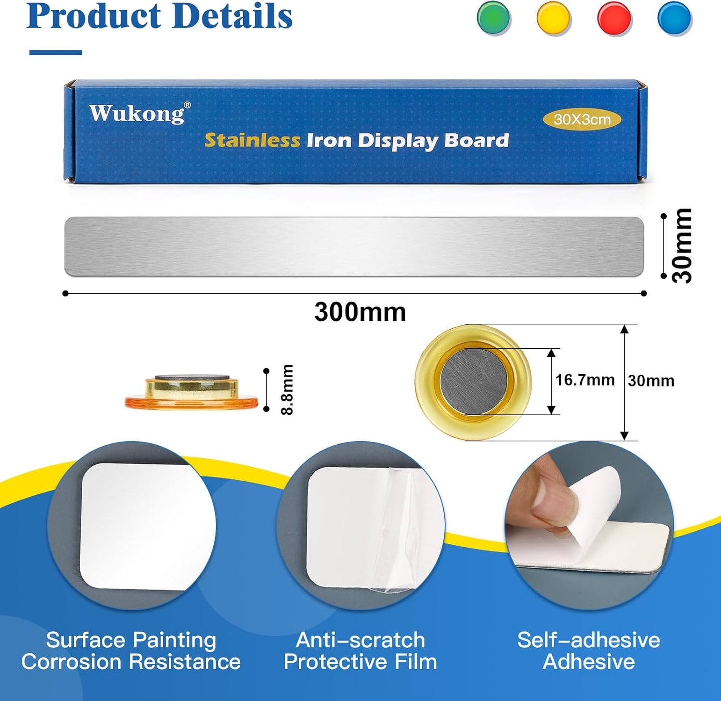 Wukong 4 Pack | 30x3cm(11.81 x 1.18) Magnetic Stainless Silver Boards Strips, Adhesive Backing Bulletin Bar Board, Memo Board with 16Pcs Colorful Magnets for Office, Home, Photo Wall, Document