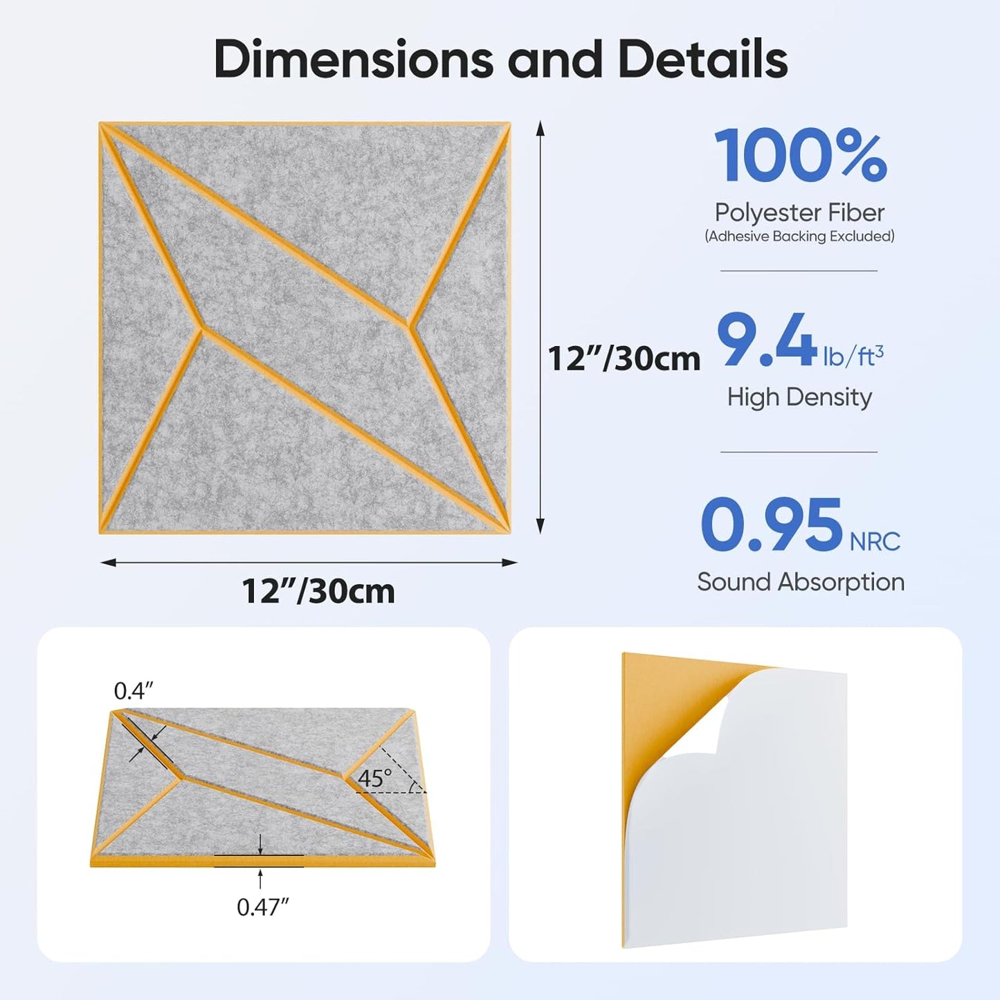12 Pack 12" X 12" X 0.47" Acoustic Panels for Wall Sound Absorbing, Dual-Color P-Stripes Square Self-Adhesive Sound Panels, High Density Suitable for Multiple Scenarios(Orange+SilverGray)