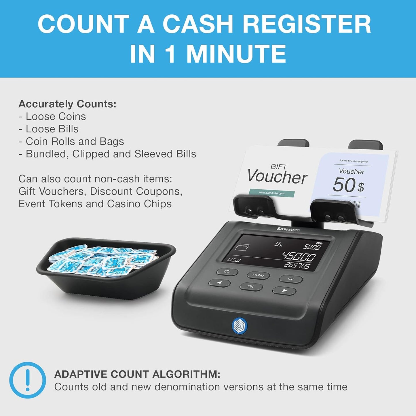 Safescan 6175 Money Counting Scale, Multi-Currency, Ideal for Coins, Bills, and Non-Cash Items, Store Individual Counting Results, Coin Roll and Bill Bundle Counting, Reliable, 3-Year Warranty