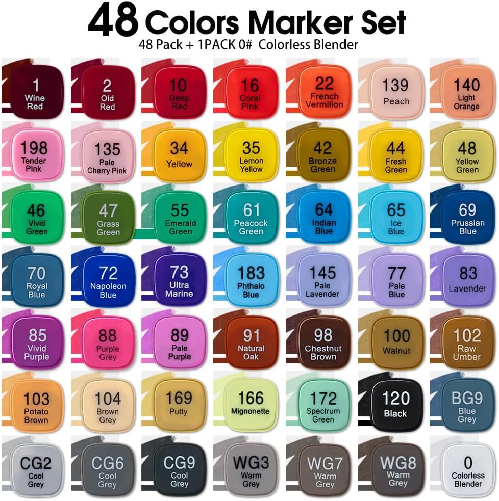 TRANSON Alcohol Markers for Drawing Coloring 48 Colors Dual-tip Chisel and Brush Tips