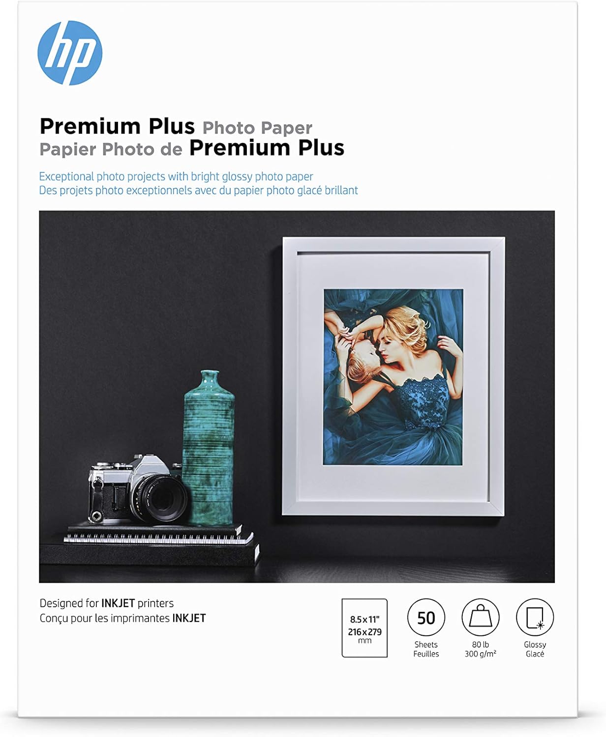 HP Premium Plus Photo Paper, Glossy, 8.5x11 in, 50 sheets (CR664A), White, Pack 1