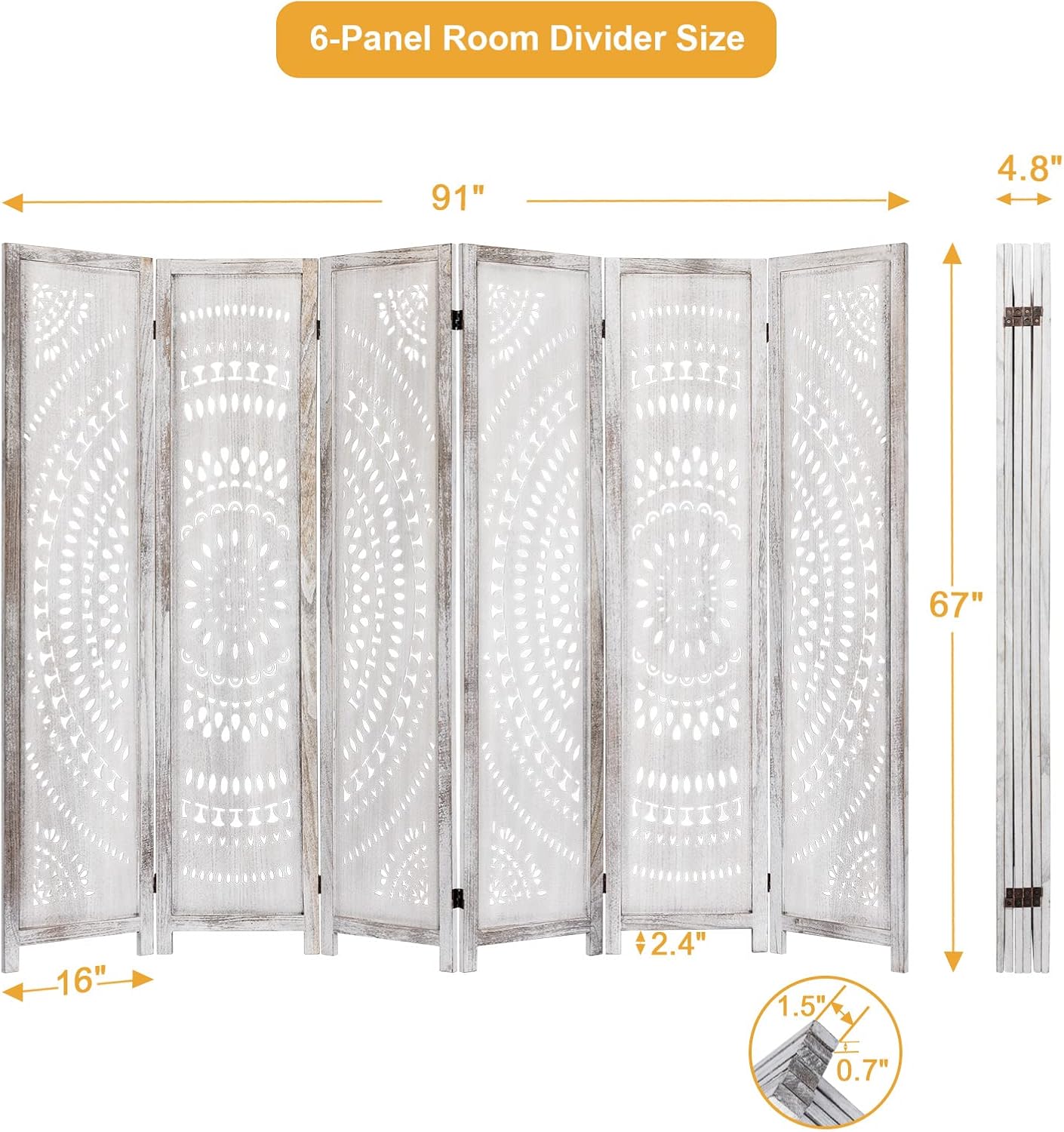 6 Panel Handcrafted Carved Room Divider Screen, 360° Adjustable Wood Folding Privacy Screens for Room Separation, 66.9 Inch Partition Room Dividers for Home Bedroom Office, White