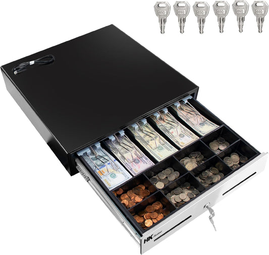 HK SYSTEMS 18inch Heavy Duty Black POS Cash Drawer with 5Bill/8Coin "Stainless Steel" Front, Ball Bearing Slides