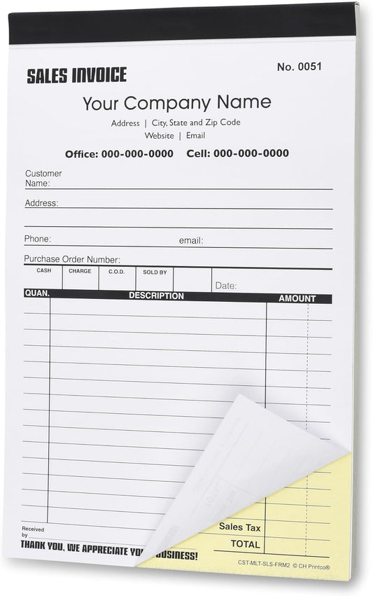 Custom Sales Invoice Personalized Duplicate Carbonless Form with Your Company Name - 2 Books (100 Sets) Numbered