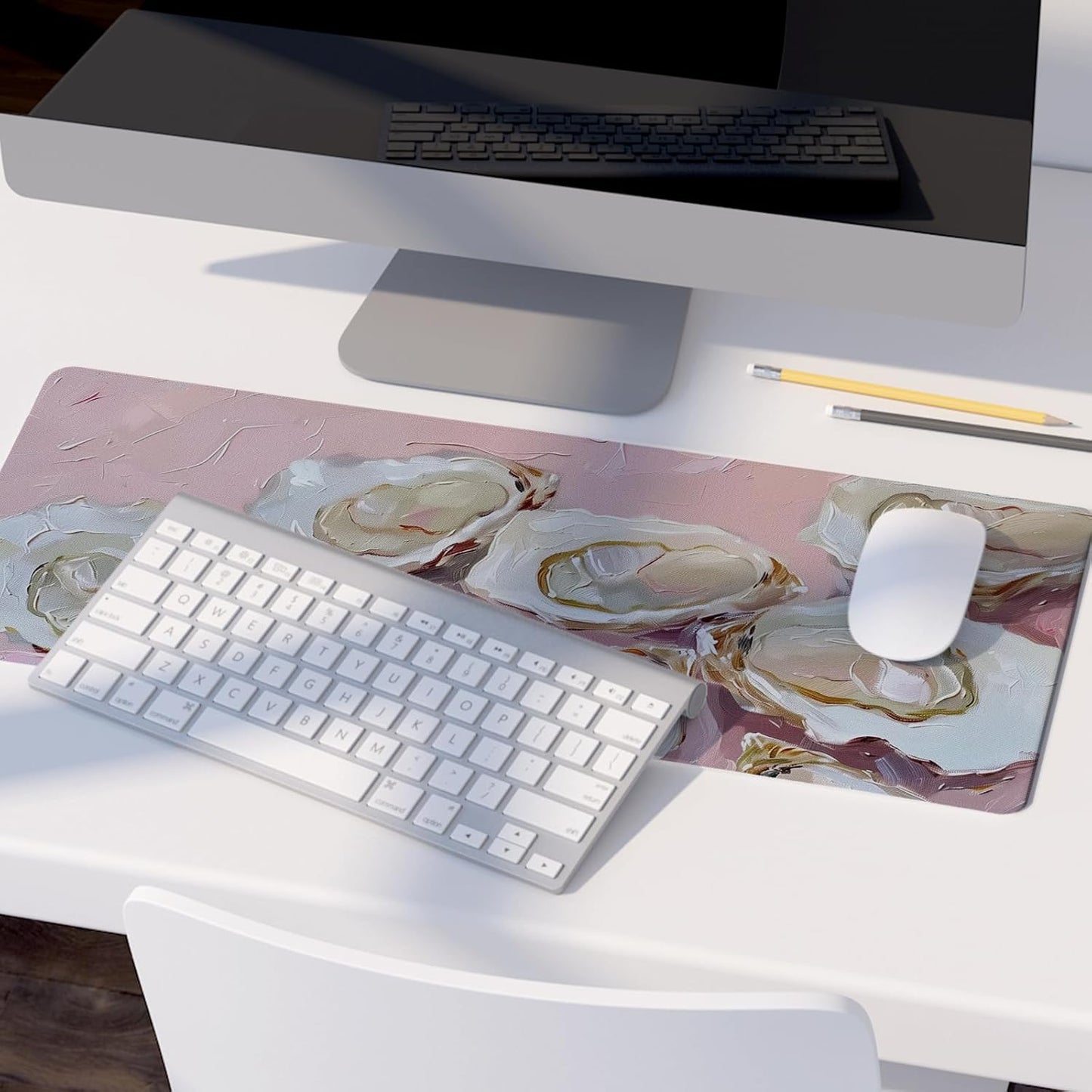 Pink Ocean Coastal Art Mouse Pad,Colorful Beachy Seashell Mouse Pad,XL Large Oyster Abstract Art Desk Mat,Girly Laptop Desk Mat,31.5x11.8 Inch