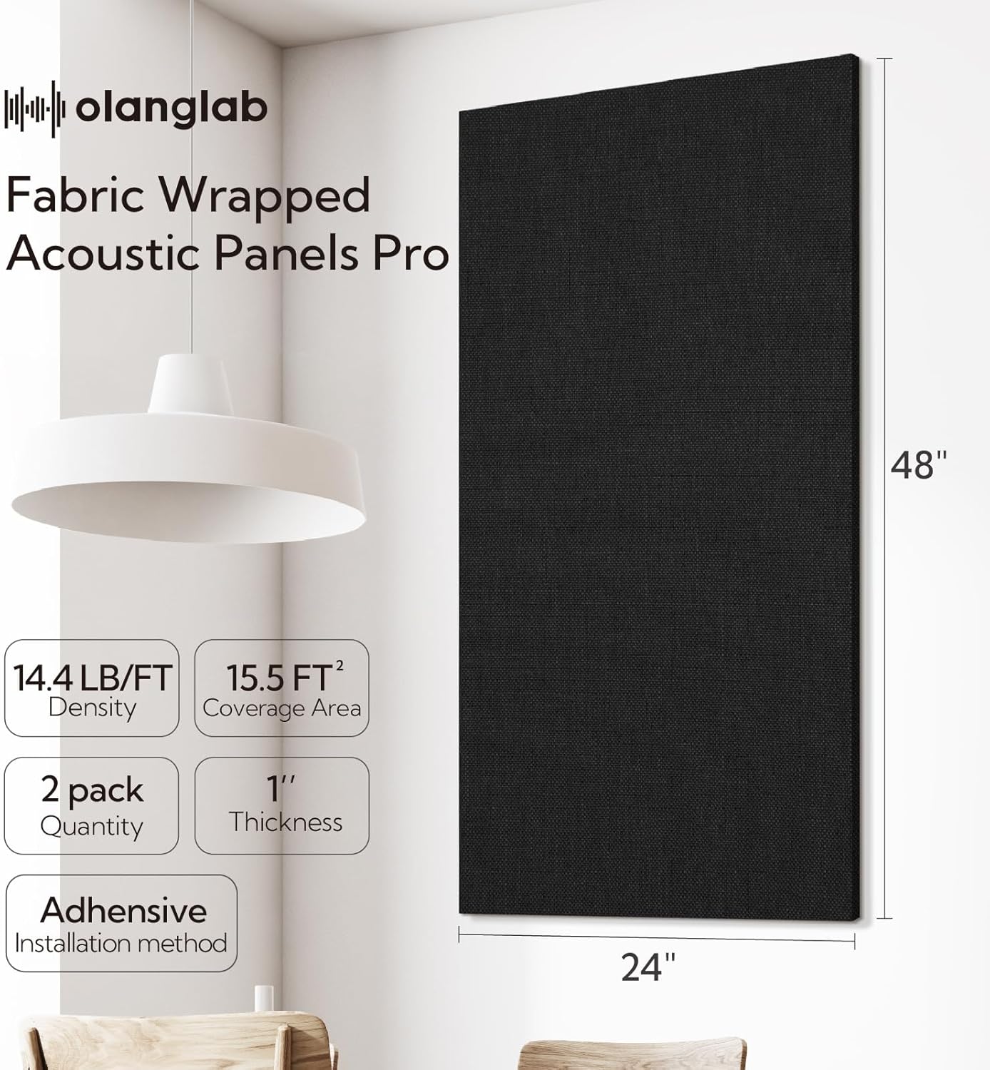 Olanglab Acoustic Panels 2 Pack, 48''x24'' Large Sound Panels, Fabric Wrapped Sound Proof Foam Panels for Walls, Sound Absorbing Panels for Recording Studio Acoustical Treatments (Black)