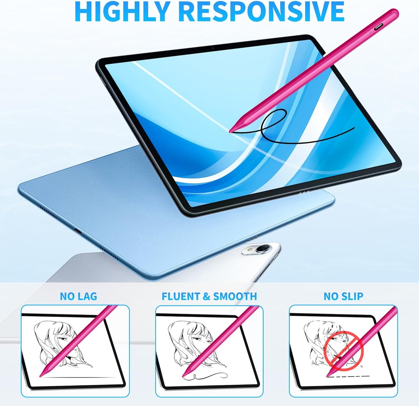 DRYMOKINI Stylus Pen, Active Stylus Pen Touch Screens Compatible for Android and iOS Tablet/Phones, Rechargeable Universal Stylus Pencil Compatible for A-pple/i-Pad/Phone Tablet, BabyPink