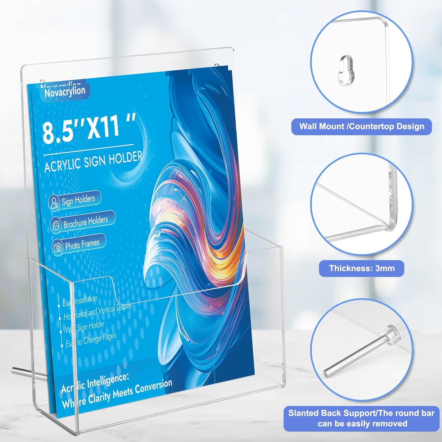 Acrylic Brochure Holder Wall Mount 8.5x11 – Clear Trifold Rack, Detachable Magnetic Rod, Easy-Carry Design for Wall or Desktop Display in Office, Retail, Trade Shows (4 Pack)