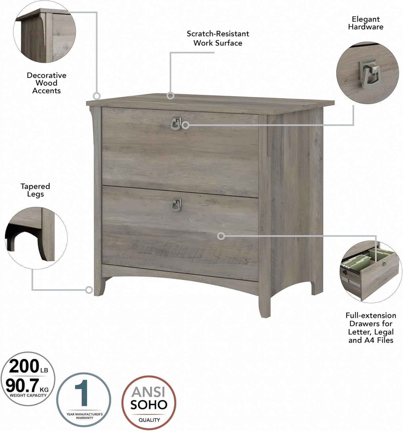 Bush Furniture Salinas 2 Drawer Lateral File Cabinet in Driftwood Gray