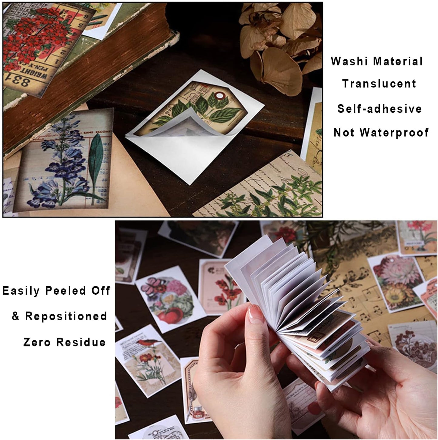 300 Pcs Scrapbook Washi Stickers,Vintage Flower Butterfly Botanical Sticker Book for Junk Journal,Decorative Paper Stickers for Bullet Journal, Album, Collage, Planner, Gift Wrapping