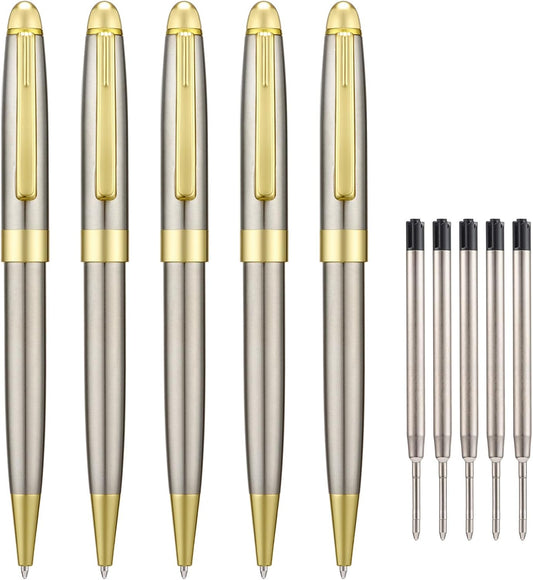 5 PCS Silver Ballpoint Pens with Extra Refills Set, 1mm Medium Point Black Ink, Great Smooth Writing Metal Pen for Business Office Teacher Student Wedding Guest Gift (Gold Trim)