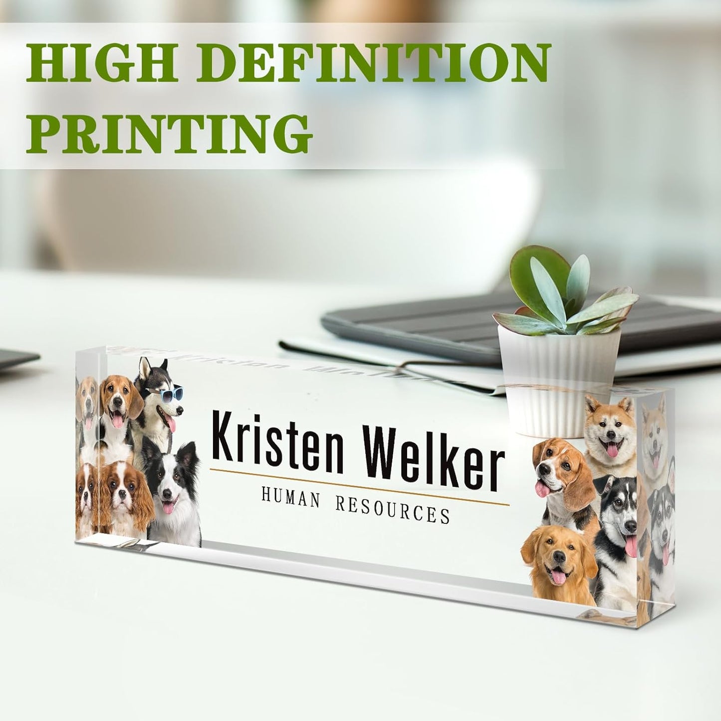 Gowellly Office Desk Name Plate Personalized - Custom Acrylic Name Plates for Desk - Employee Appreciation Gifts - Office Gifts for Teacher,Boss,Nurse,Lawyer,Women Office (Pet-Dog-2)