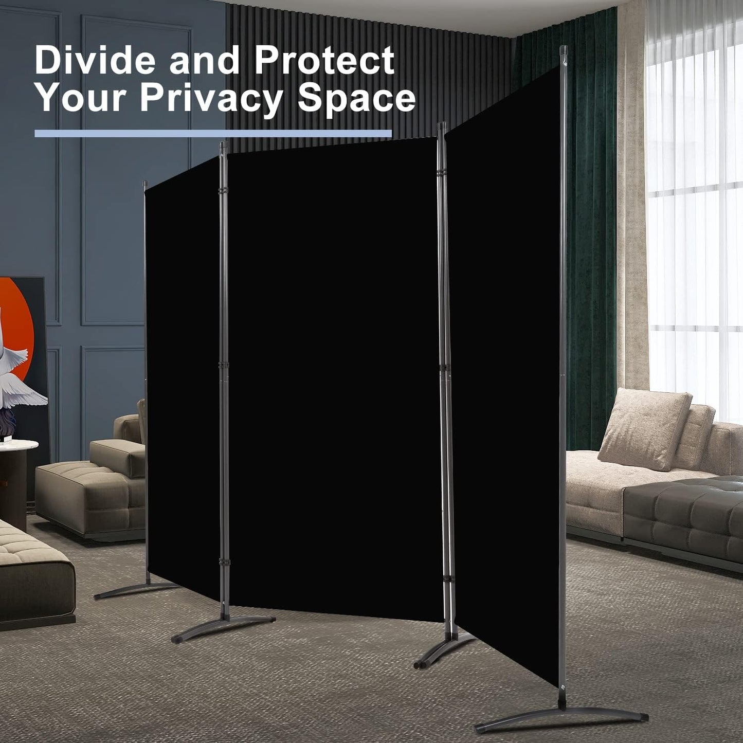 Room Divider 6FT Folding Privacy Screens, Partition Room Dividers w/Freestanding Design, Portable Wall Divider for Room Separtation, Fabric Screen Panel for Home Office Dorm (Black, 3 Panel)