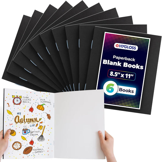 Hygloss Blank Books 8.5 x 11 Inches - 6 Pack – Black Color Paperback for Drawing & Writing – Empty Books for Journaling, Sketching or Arts & Craft
