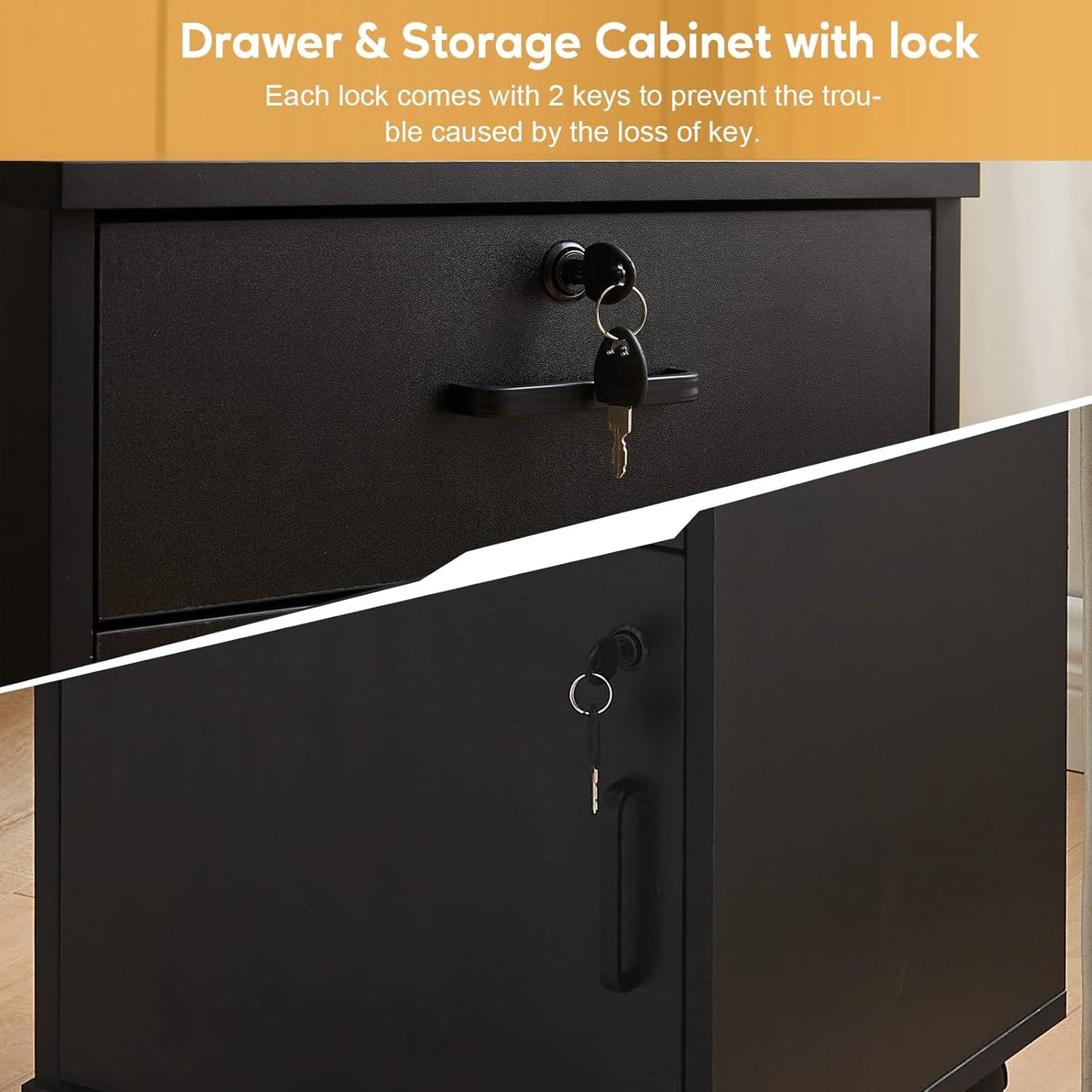 CLIPOP Rolling Storage Cabinet with Drawer, Home Office Cabinet with Lock, Under Desk Storage Cabinet for Home Office, Black