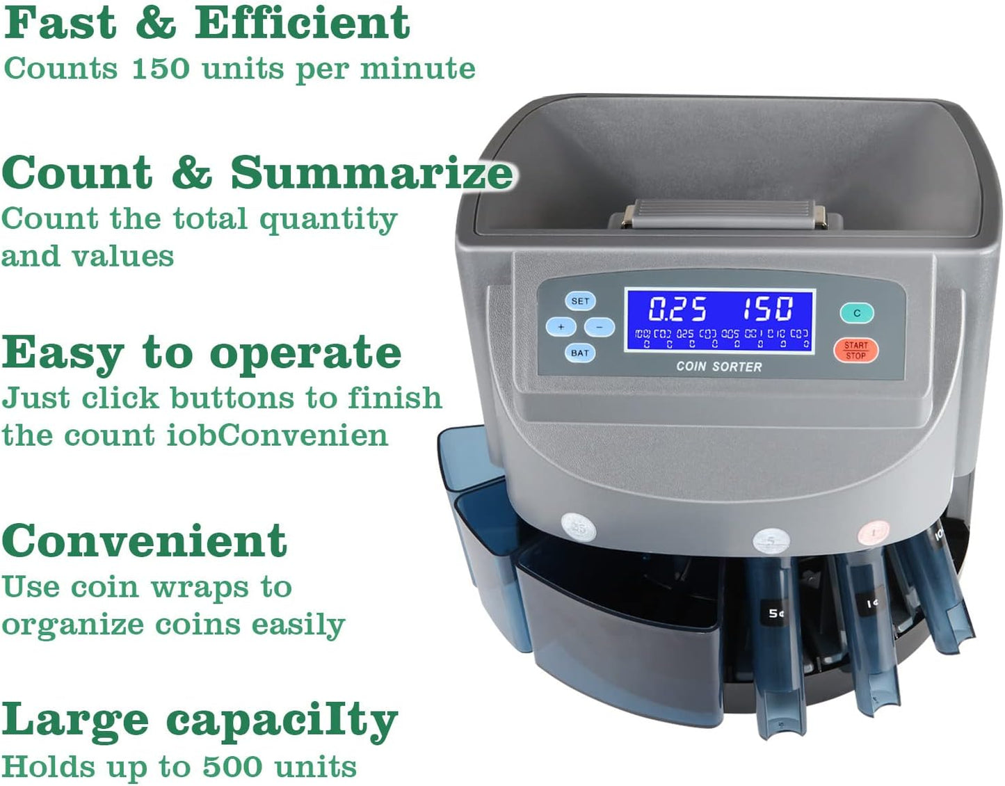 8T8 USD Coin Counter Machine - Professional Automatic Coin Sorter and Wrapper/Roller with LCD Display and 5 Coin Bins and Tubes