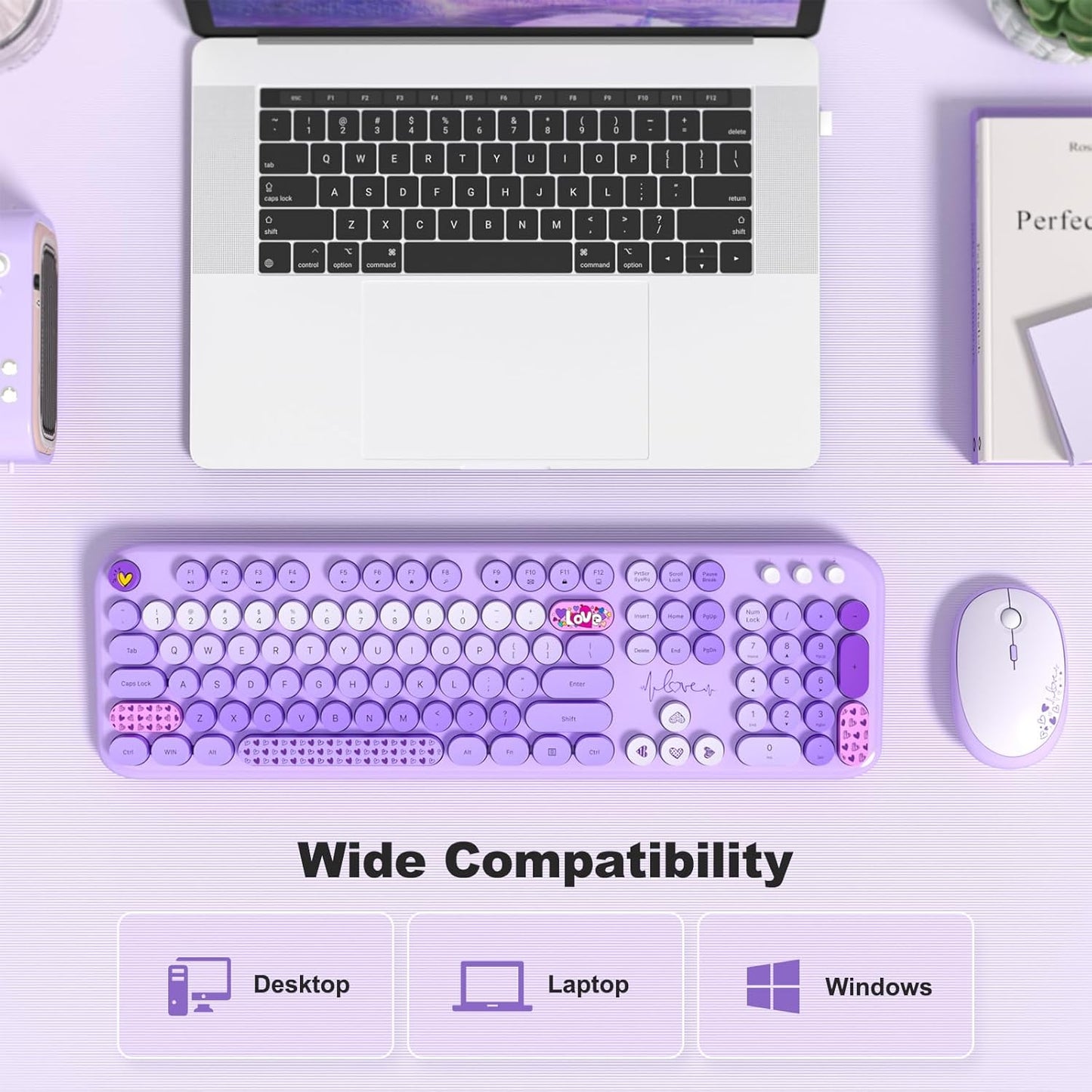 MOFII Wireless Keyboard and Mouse Combo, Cute Colorful Full Size Keyboard and Adjustable Mouse, 2.4GHz Retro Typewriter Keyboard and Mouse Set for PC/Desktop/Laptop/Windows (Purple Colorful)