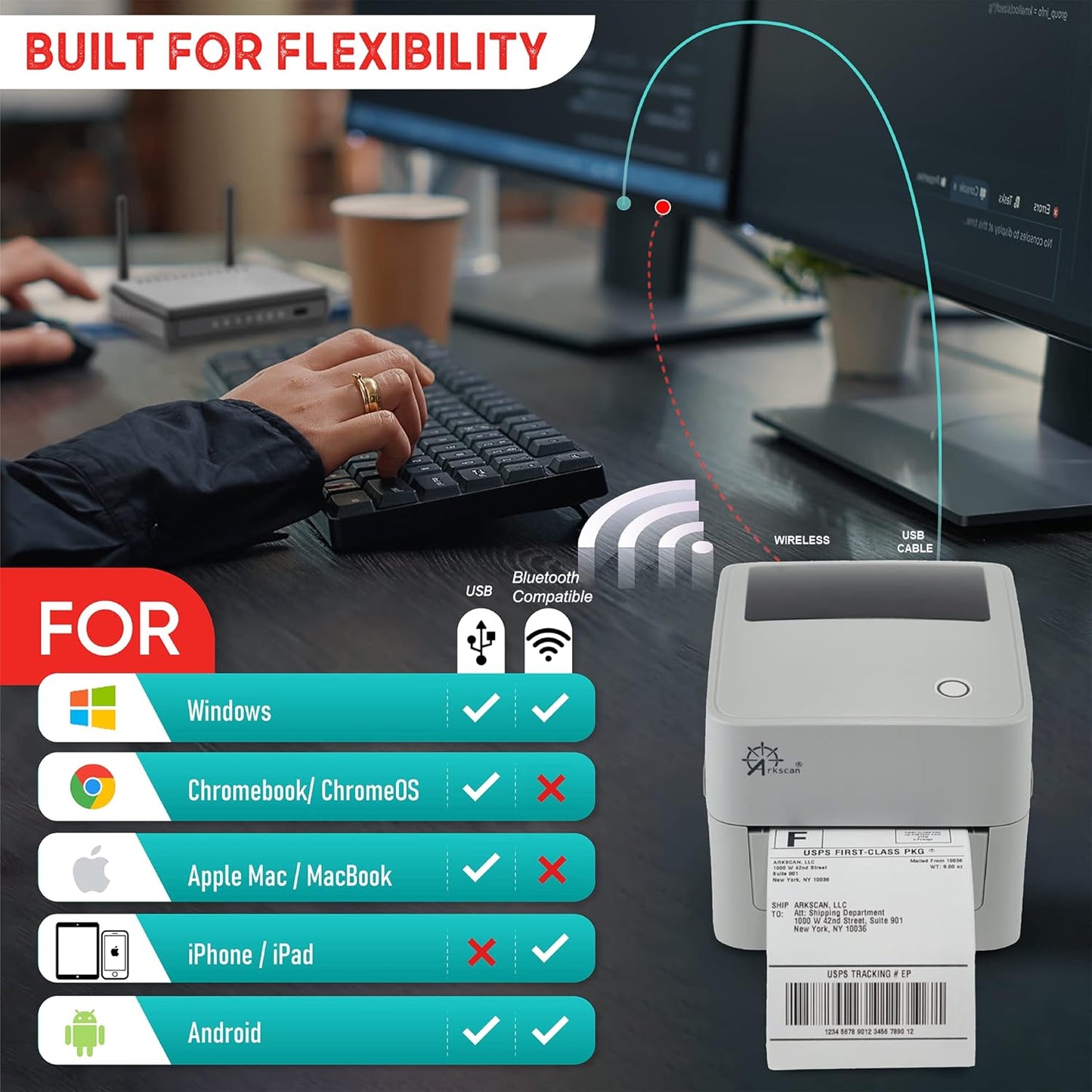 2054K Shipping Label Printer with USB & Wireless Connectivity – Compatible with iOS, Android, Windows, macOS, and ChromeOS for 4x6 Direct Thermal Labels