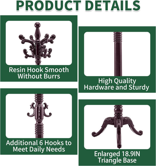 Wooden Coat Rack Stand, Vintage Solid Wood Coat Rack Freestanding with Triangle Base, Heavy Duty Coat Racks with 14 Hooks, Wood Coat Tree Hanger Stand for Entryway,Office