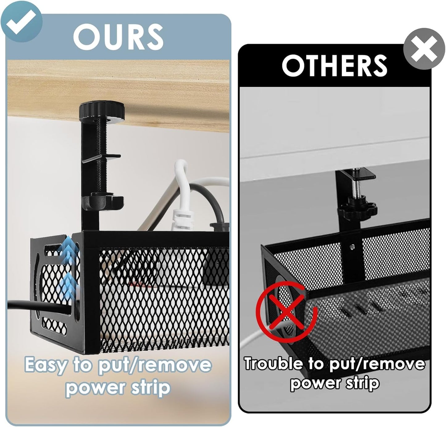 Under Desk Cable Management Tray, Cable Management Under Desk No Drill, Wire Management Tray with Clamp, Cord Organizer for Home Office, Black