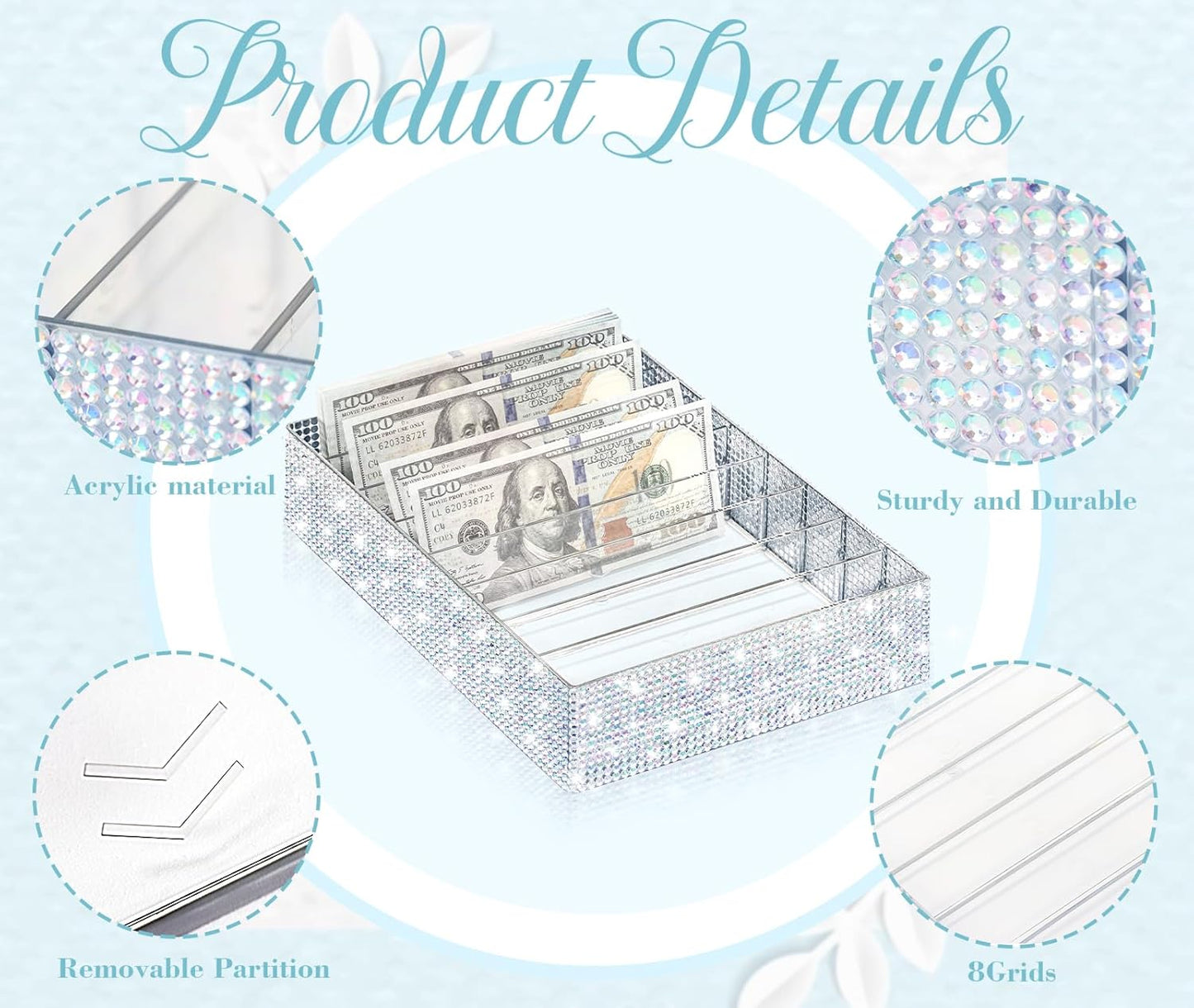 XUWAIDSGN Large Acrylic Diamond Money Organizer 8 Section Clear Money Budget Tray Organizer Plastic Divider Bill Storage Holder for Cash Envelope