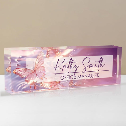 Personalized Name Plate for Desk, Custom Desk Name Plate, Acrylic Name Plate Office Desk Accessories, Personalized Office Gifts for Coworkers Teachers, Employee Appreciation Gifts (Purple Crystal)