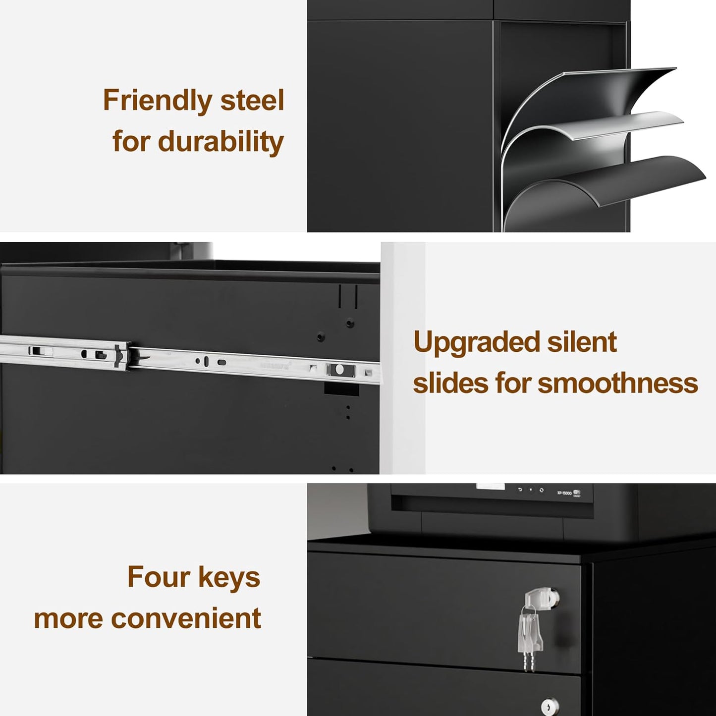 Mobile File Cabinet with 3 Locks, 3 Drawer File Cabinets for Home Office, Under Desk Metal Filing Cabinet for A4/Letter/Legal, Lockable, Fully Assembled Except Castors, Black