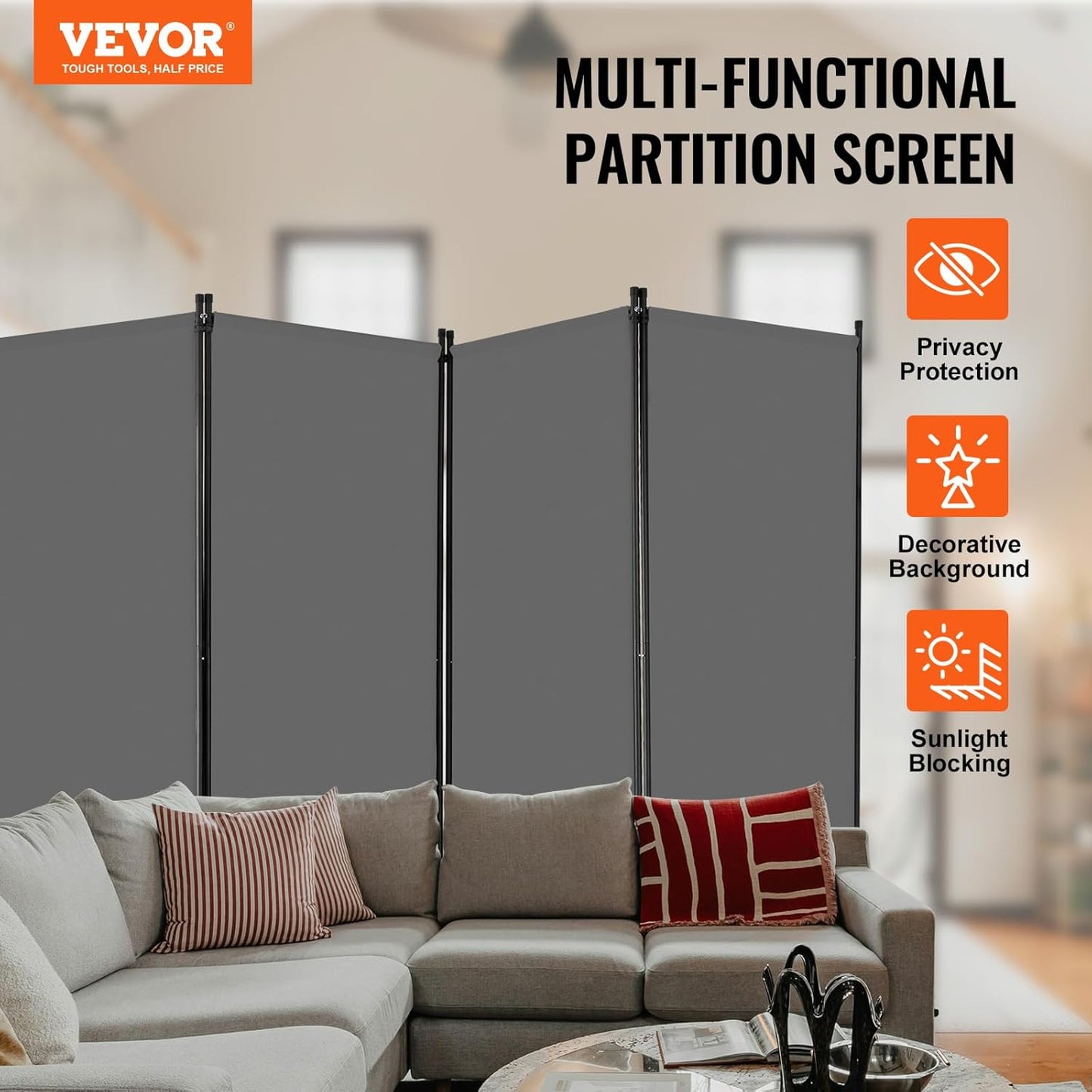 VEVOR Room Divider, 4 Panel Room Divider, Folding Privacy Screen and Portable Partition Divider for Room Separation, Freestanding Room Partitions for Office, Bedroom, Study, Grey