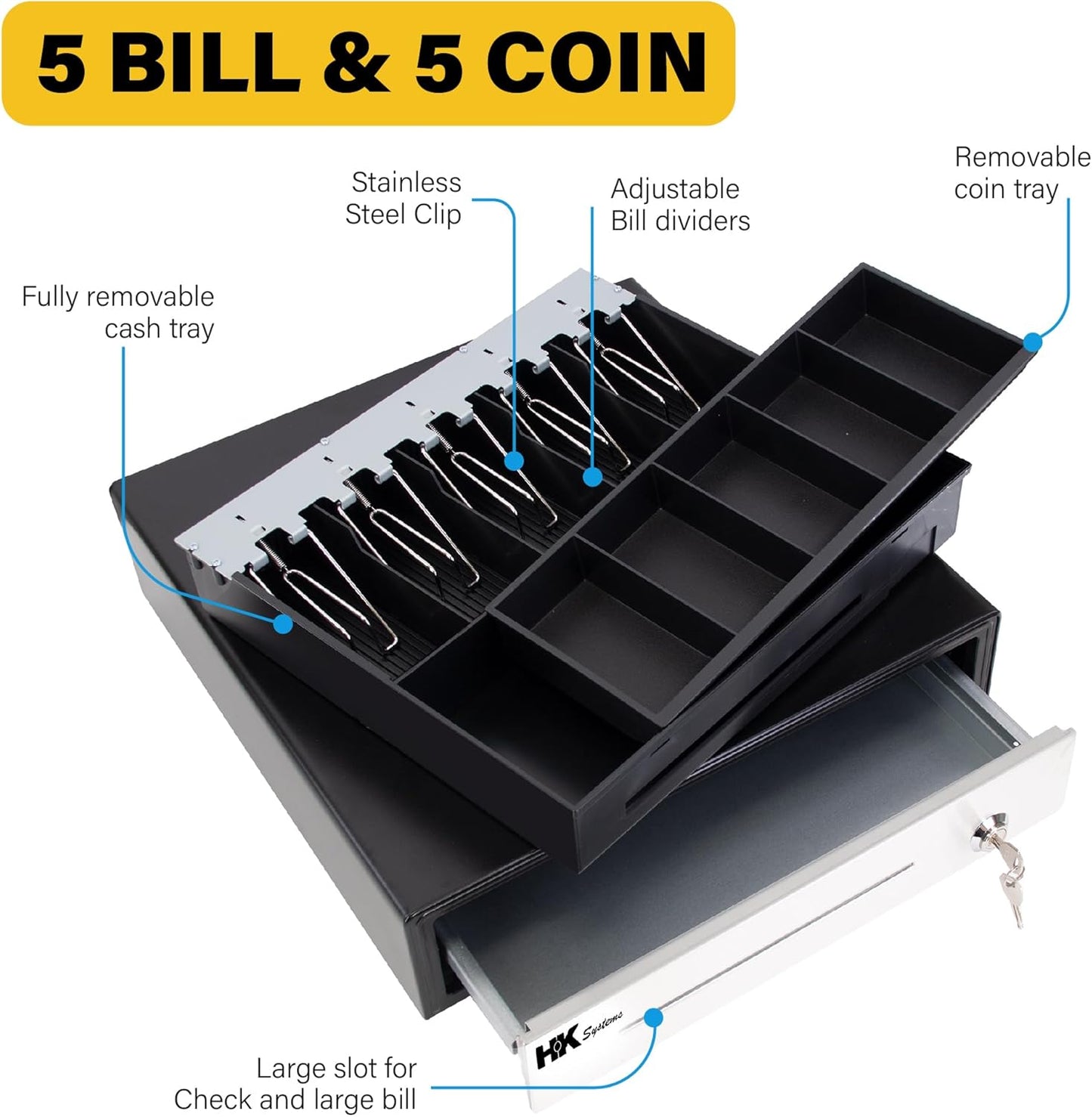 HK SYSTEMS 16" Heavy Duty Black Manual Push Open Cash Drawer with 5Bill/5Coin Stainless Steel with Till Cover