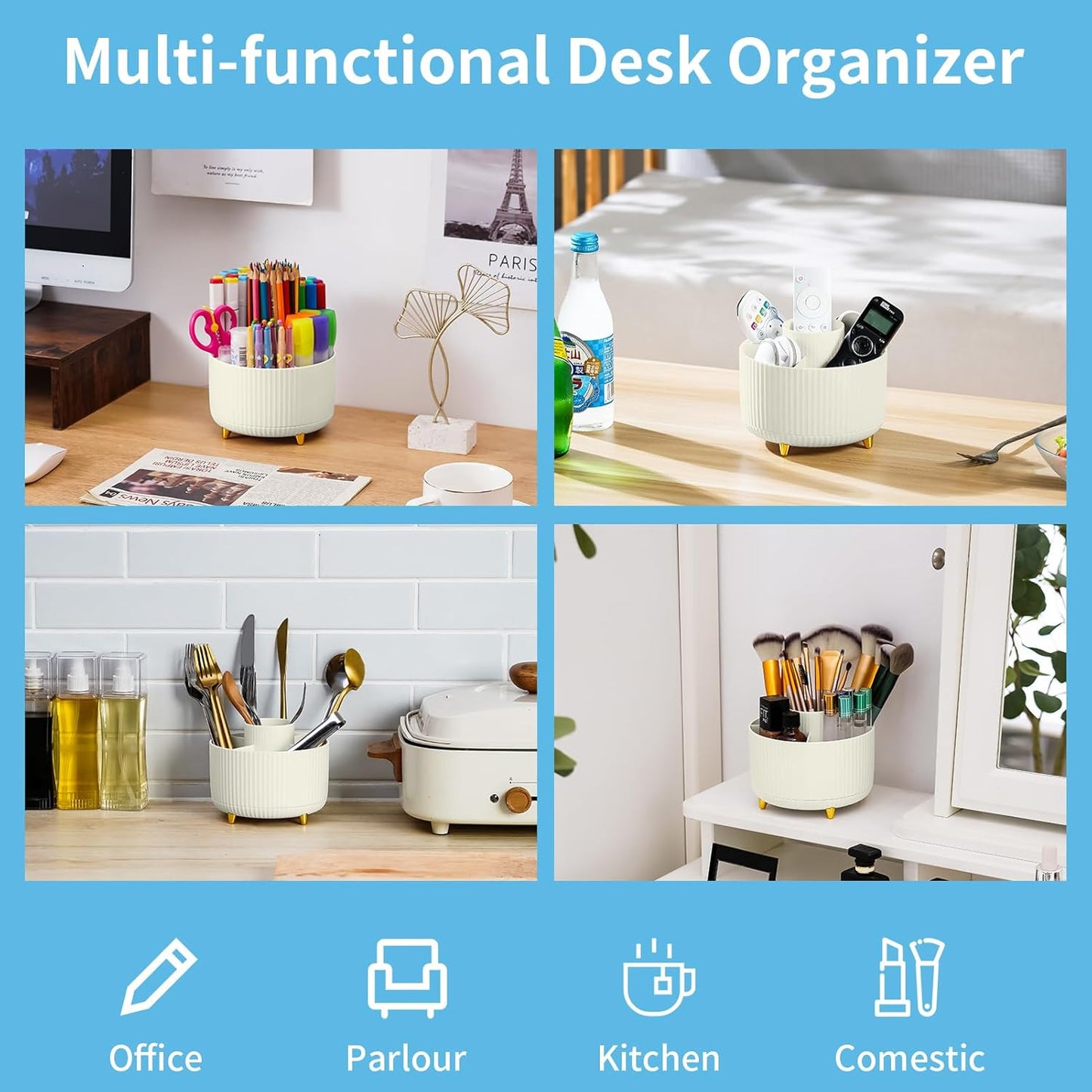 Marbrasse Desk Organizer, 360-Degree Rotating Pen Holder, 5-Compartment Pencil Organizer, Art Supply Storage Box Caddy for Office and Home (Ivory)