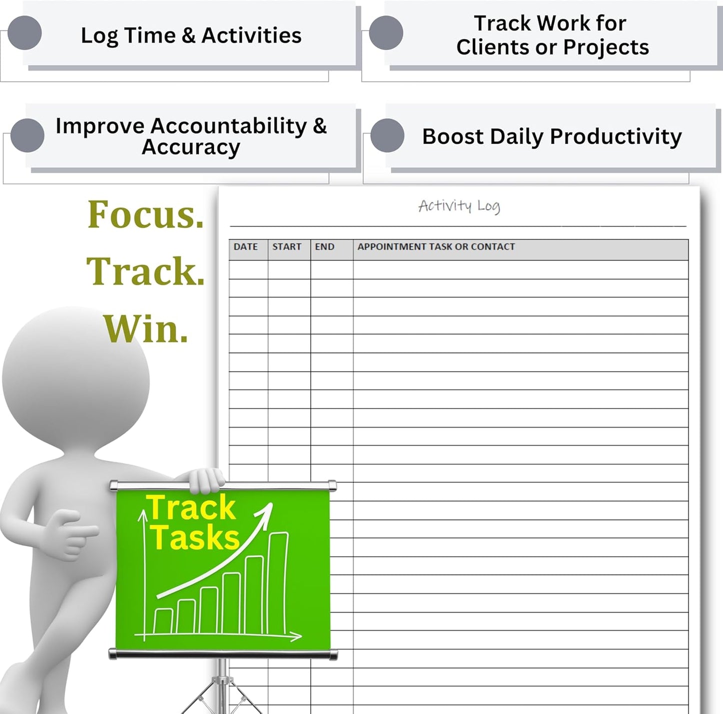 Activity Log Notepad – Daily Tracker Planning Pad for Office Productivity, Task Tracking & Time Management Planner – Work Communication Logbook Timesheet, Get Organized – 8.5 x 11 Legal Pad, 60 Page