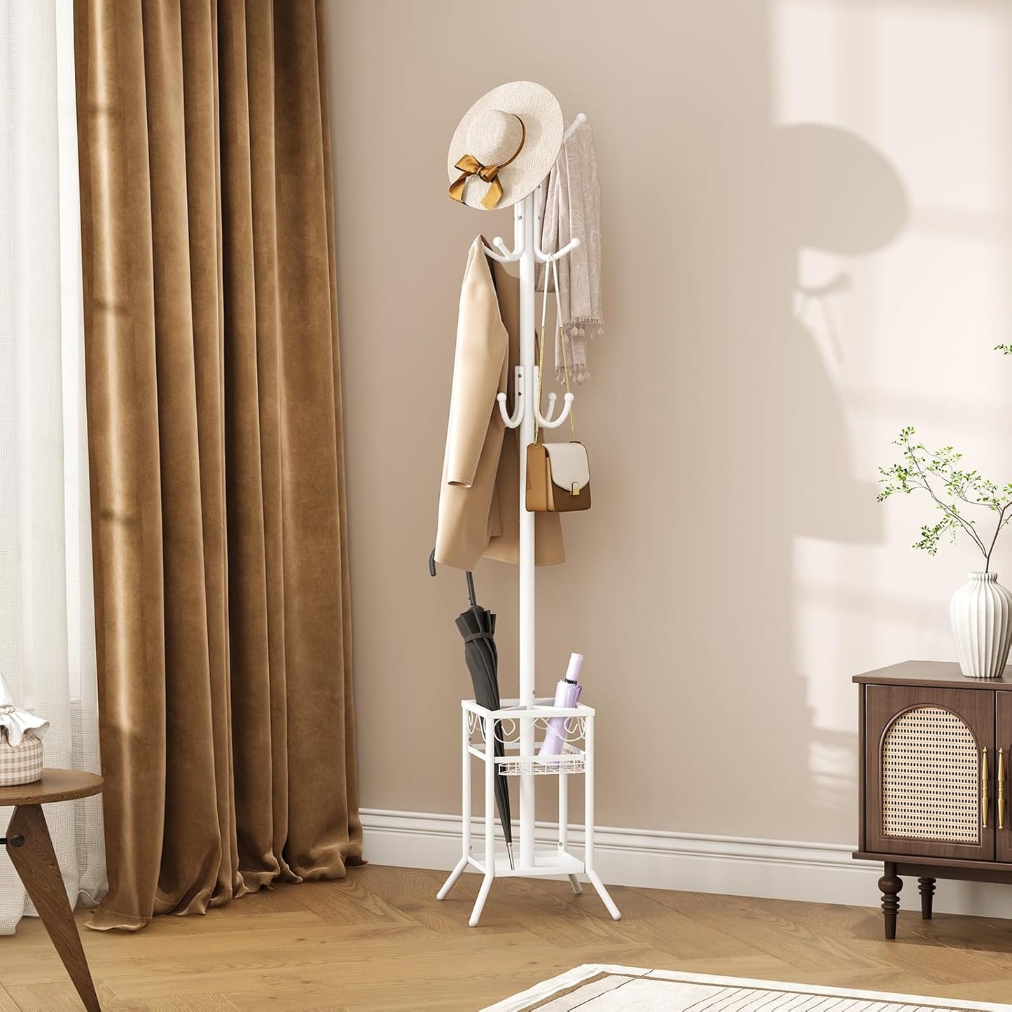 ELYKEN Coat Rack Freestanding with Umbrella Holder, Coat Tree with 12 Hooks, Coat Hanger Stand for Entryway, Metal Coat Rack Hat Rack Stand for Living Room Bedroom Office, White