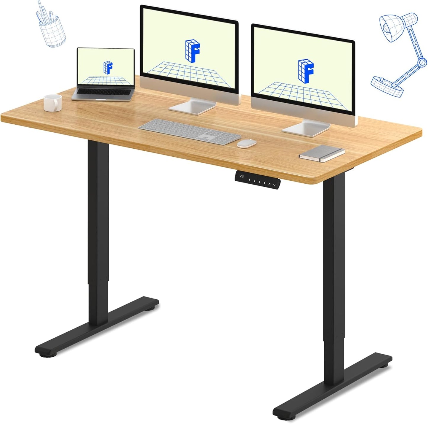 FLEXISPOT E3 Dual Motor Electric Standing Desk 60x24 Inch Whole-Piece Board Height Adjustable Electric Sit Stand Desk (Black Frame + Maple Desktop, 2 Packages)