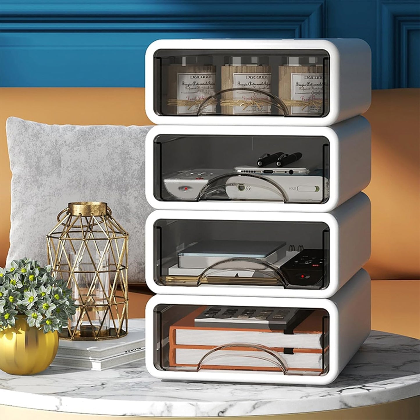 Desk Organizer with Drawers, Stackable Storage Drawers with Compartments Desktop Organization for Office Supplies, Makeup, Pencils, Tape, Erasers, Paperclips, Chargers (4 Pack White)