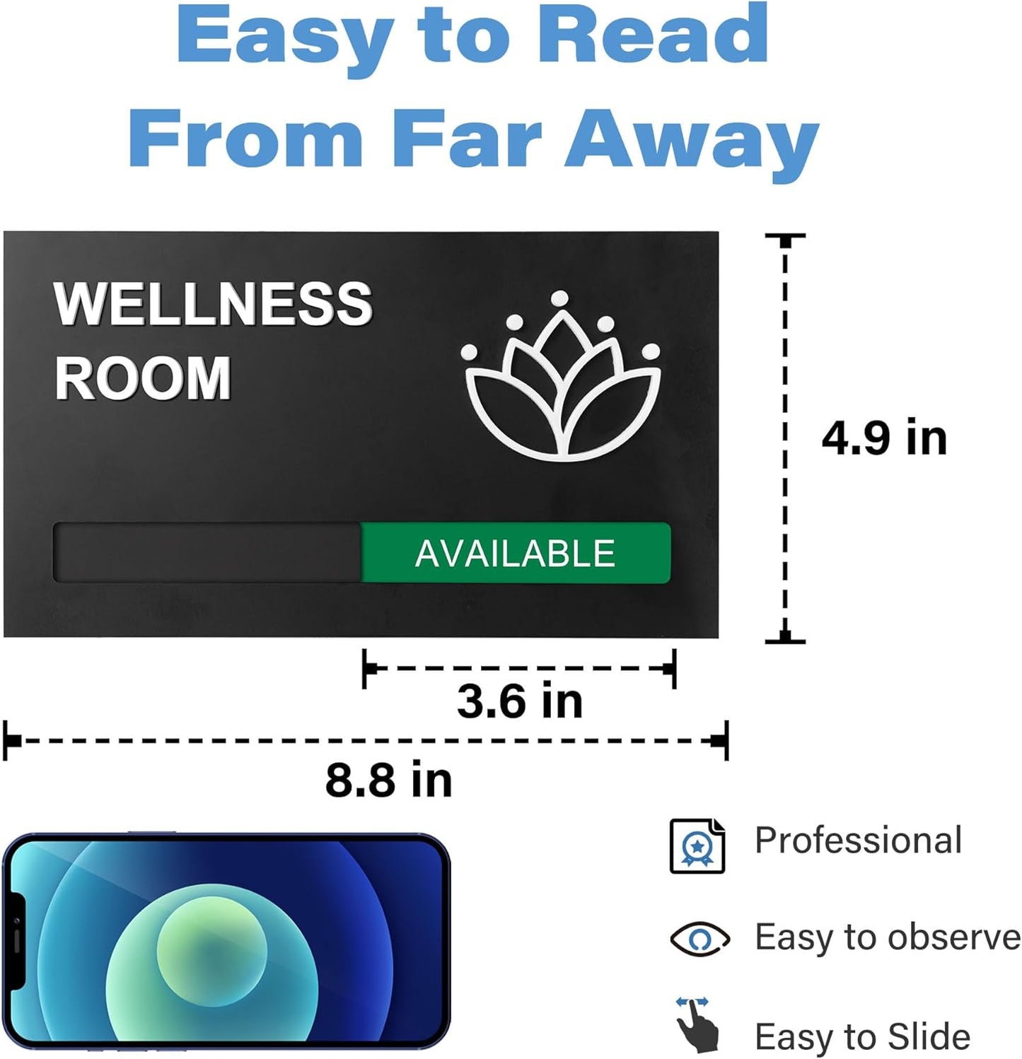 Wellness Room Office Sign, Do Not Disturb Privacy Slide Door Sign, In Use And Available Slider Indicator, Matte Black 8.8"x 4.9"