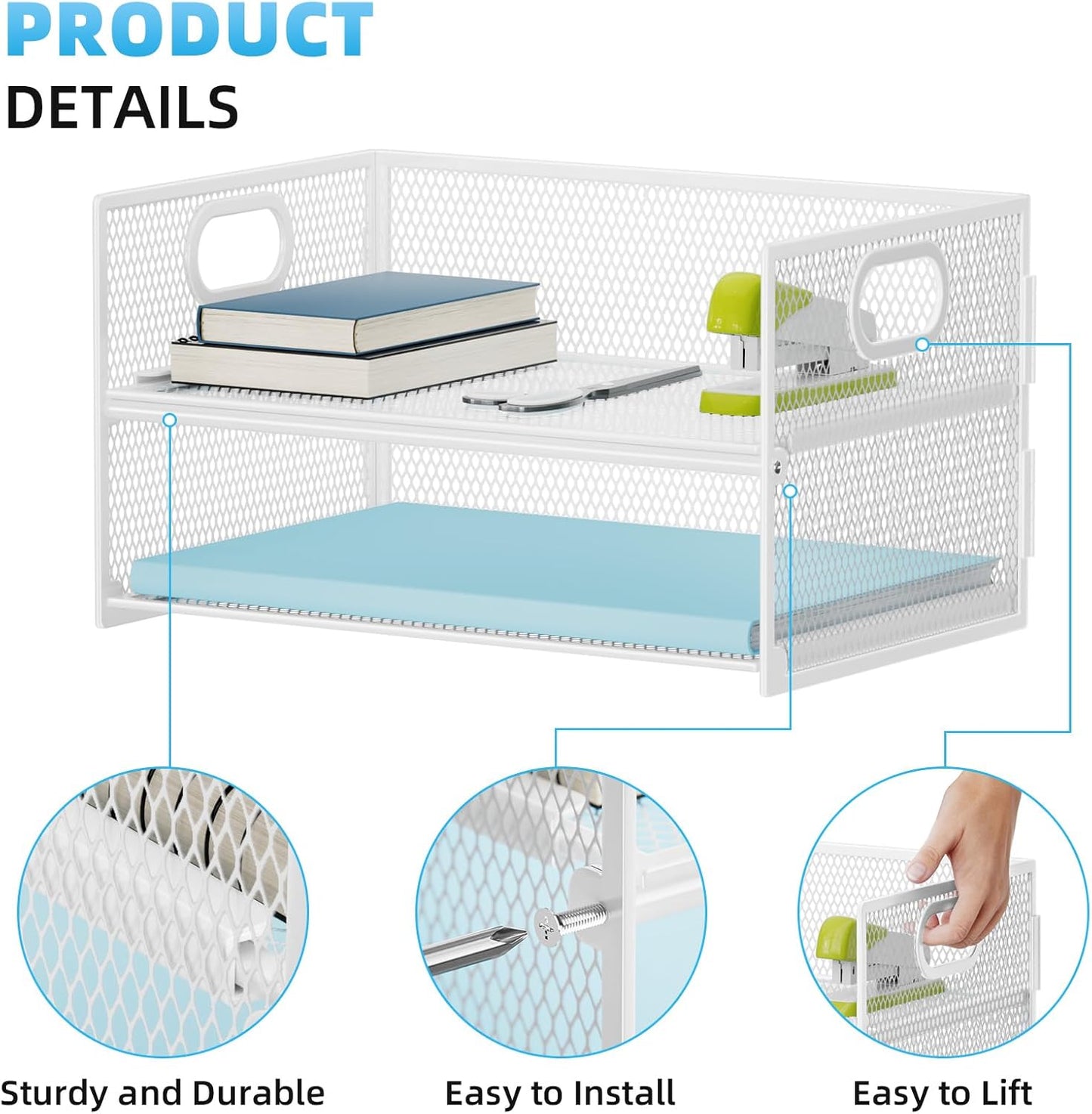 Marbrasse 2 Tier Paper Organizer Letter Tray, Mesh File Organizer with Handle, Paper Sorter Desk Organizer for Home Office Supplies - White