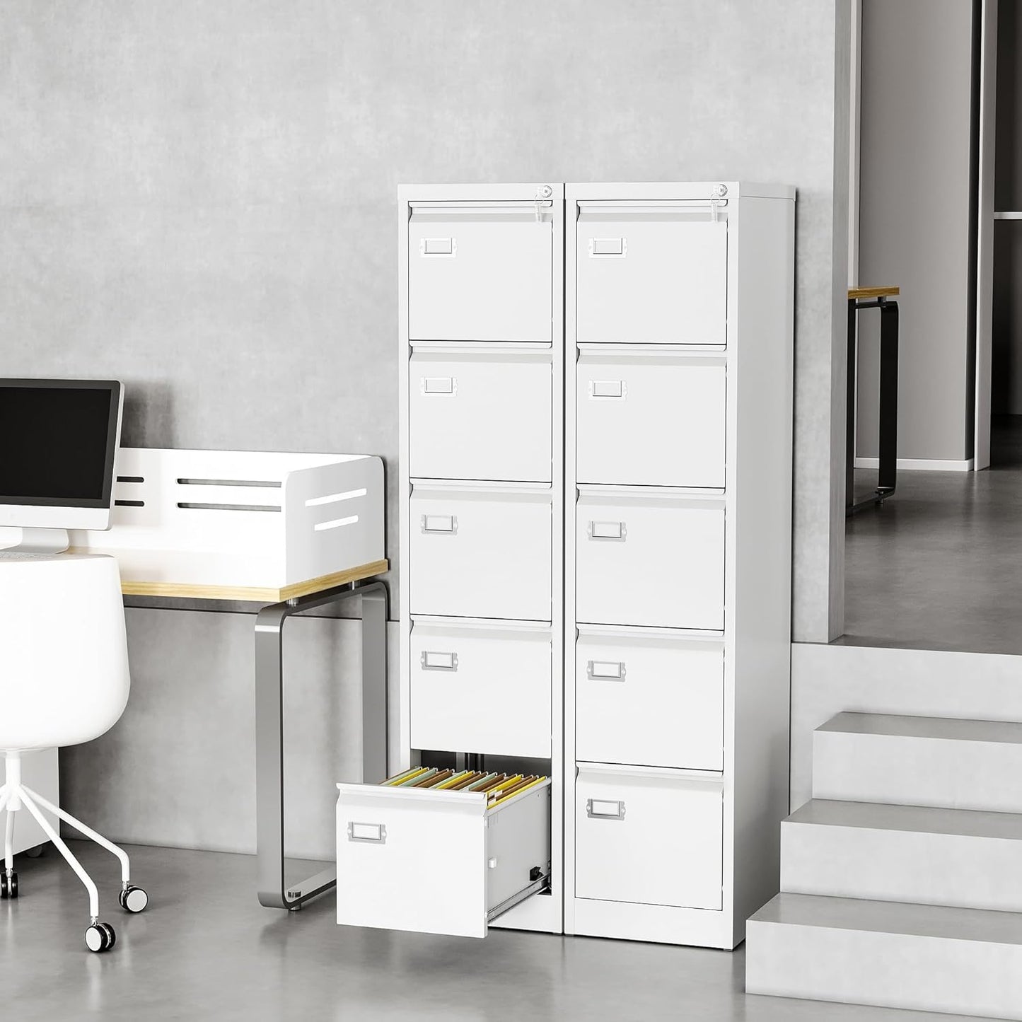 File Cabinets - 5 Drawers Vertical 17.8" Deep Lockable Filing Cabinet - White Metal Storage Cabinets for Home Office to Hanging Files Letter/Legal/F4/A4 Size