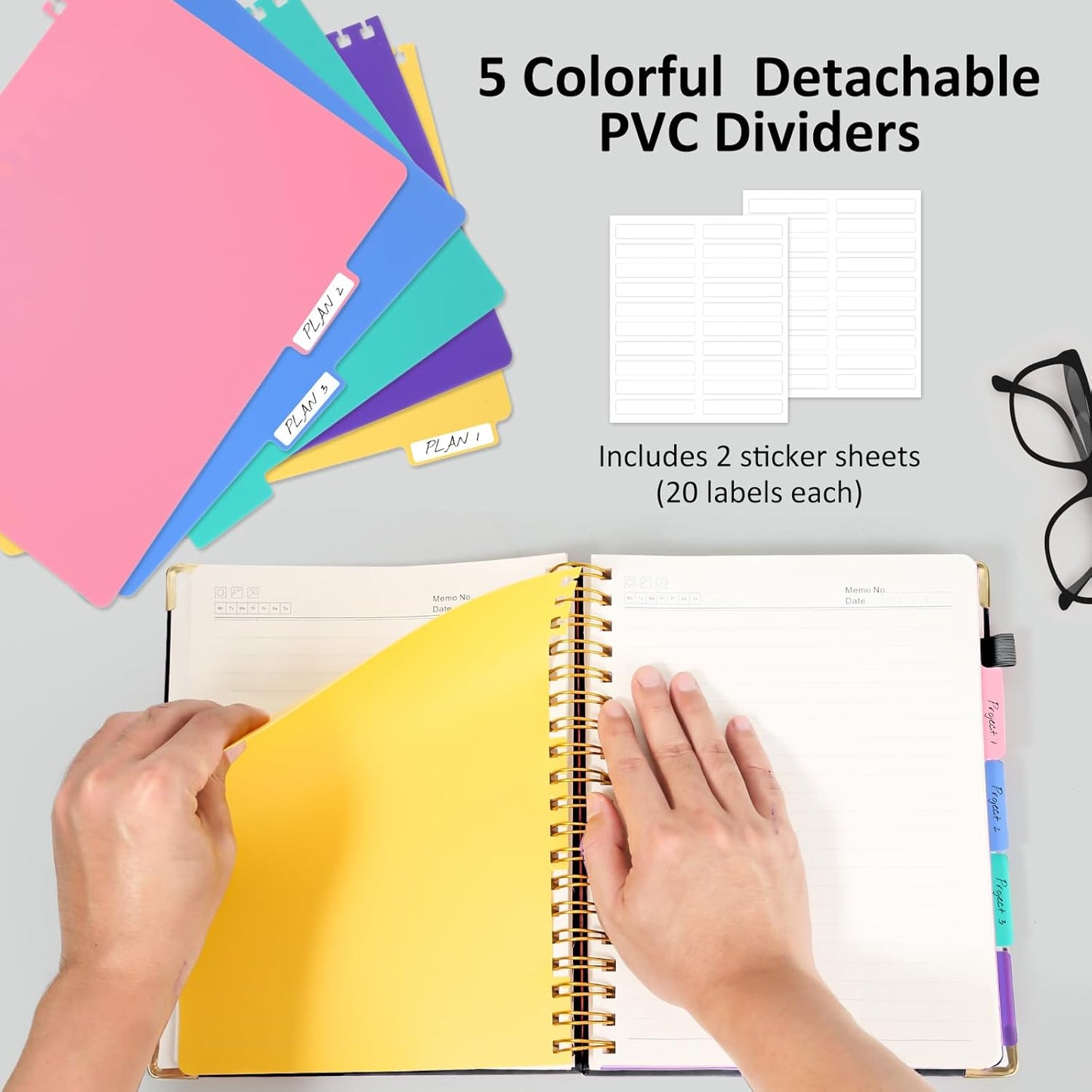 Hardcover Spiral Notebook Journal, 8"x10" Large B5 Notebooks with Removable Dividers Tabs, 300 Pages Leather 5 Subject Notebook College Ruled, Journal for Work School Note, 100 GSM Thick Paper,Black