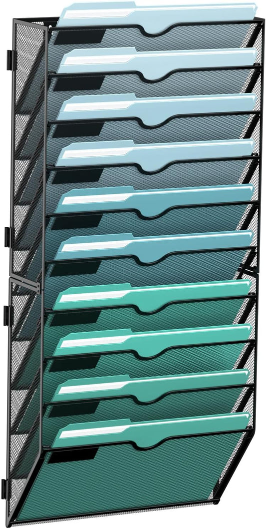 SUPEASY 10-Tier Wall File Organizer, Hanging Wall Files for Papers, Folders, Magazines, Wall Organizer for Clipboard, Assembly Needed, Black