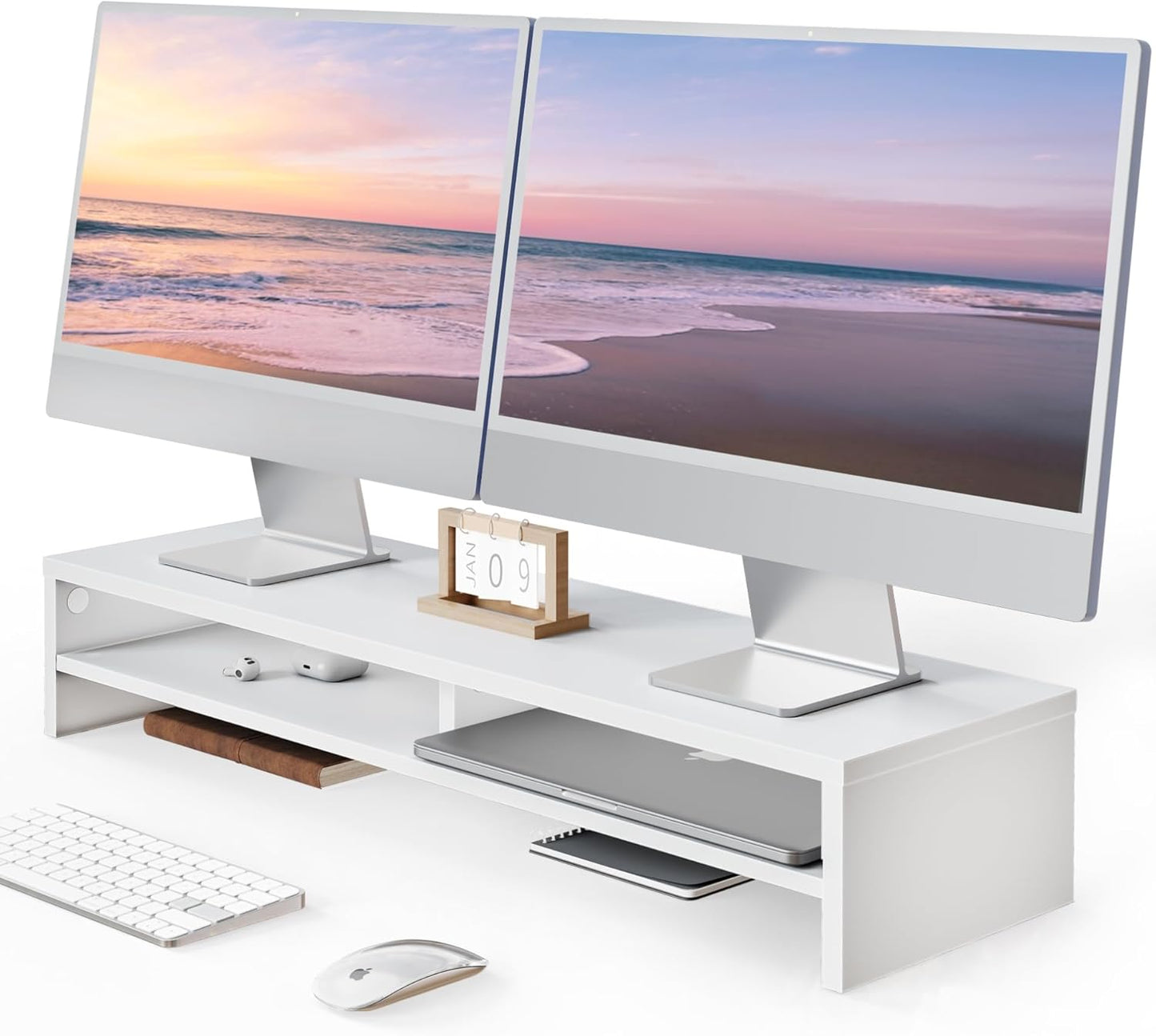 Fenge Monitor Stand, 31.5 Inch Computer Monitor Riser for Desk, 2 Tiers Wood Desk Shelf with Storage, Desktop Organizer for PC, Laptop, Screen, Printer