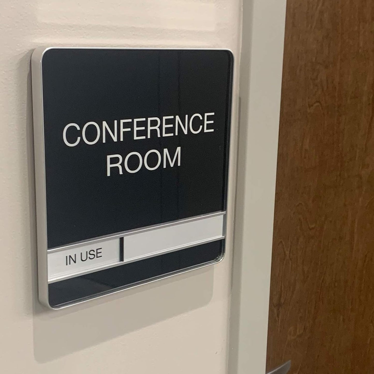NapTags Conference Room Slider Signs (Black - Silver Frame, 6" x 6")