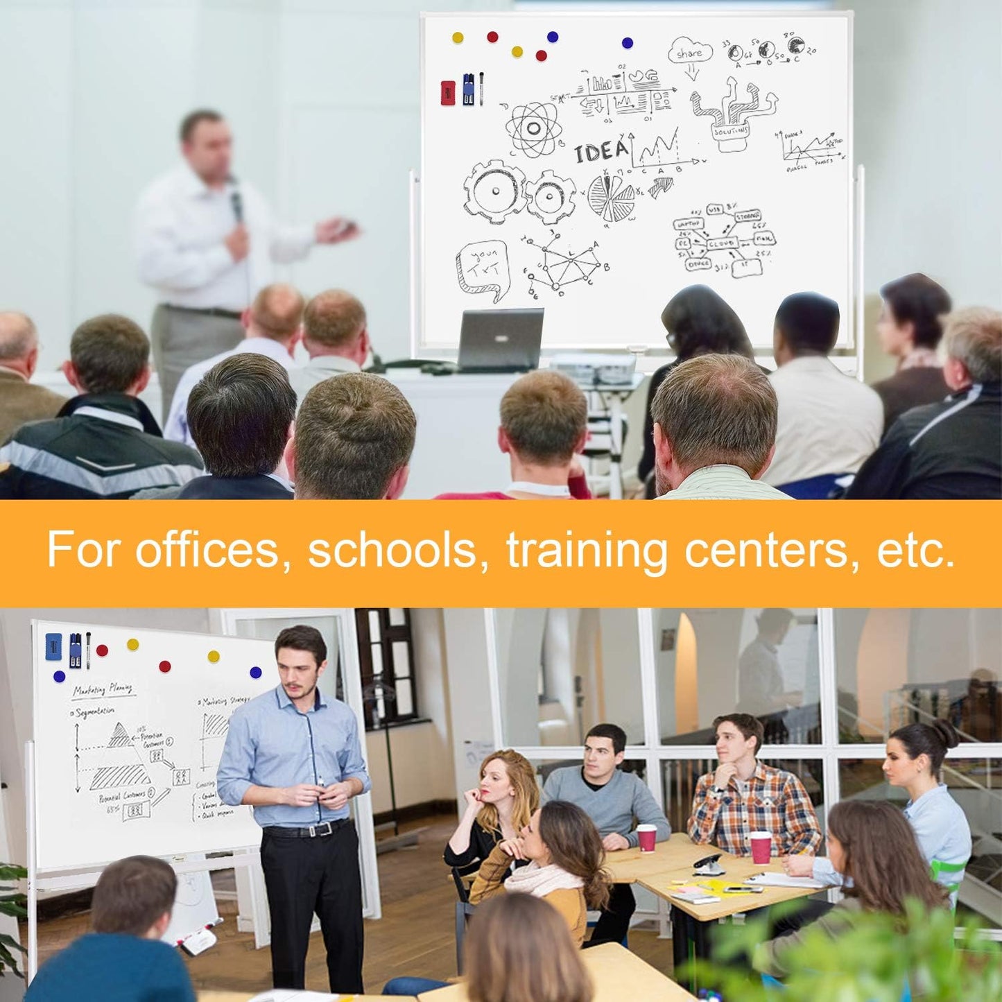 H-Qprobd Rolling Whiteboard with Stand 48"x36" Double-Sided Mobile Magnetic Dry Erase Board on Wheels for Home, Office & School