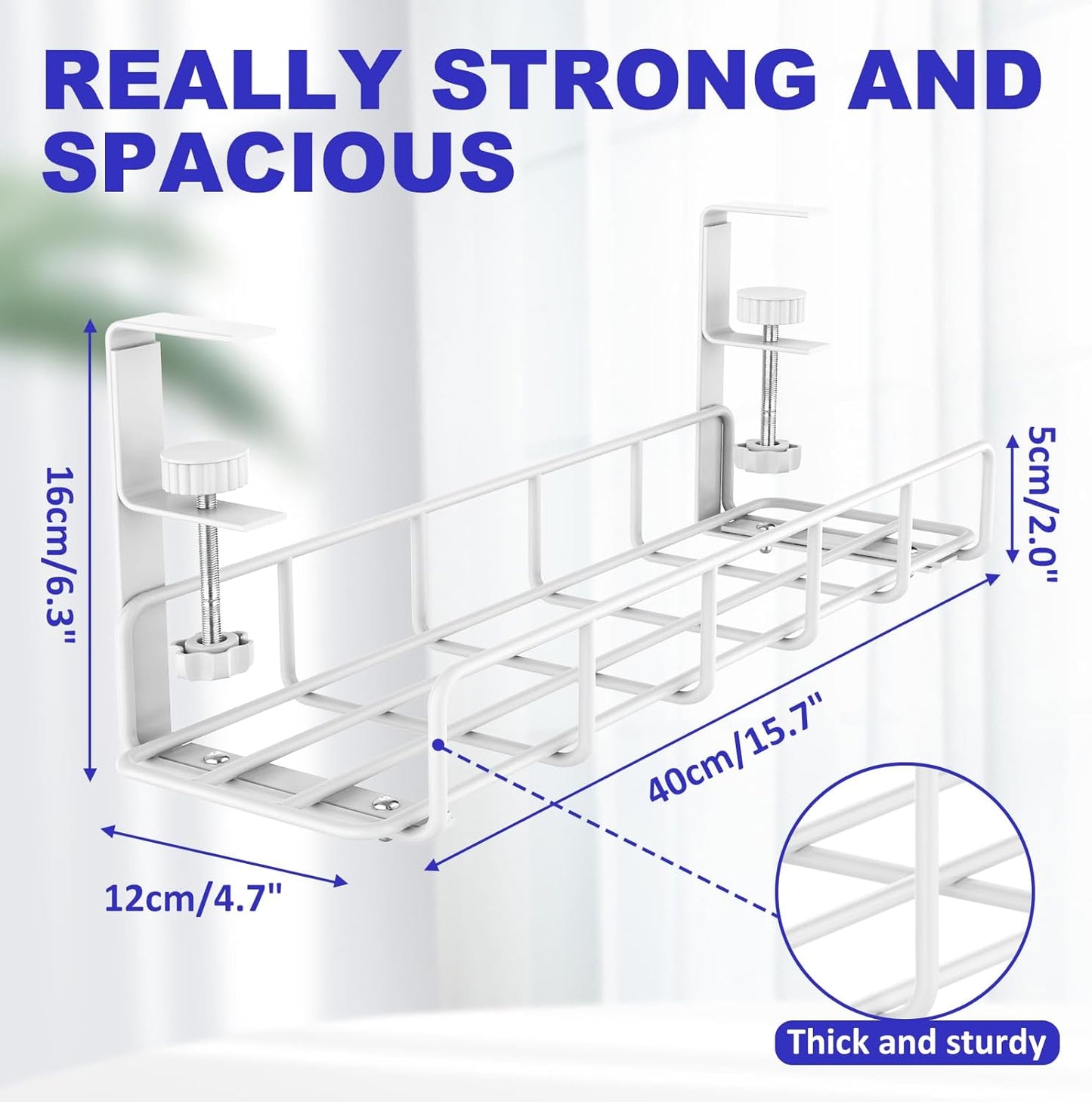 Under Desk Cable Management Tray, 15.7'' No Drill Steel Cable Tray Organizers, Wire Management Tray Cable Rack with Clamp Mount, Metal Under Desk Tray with Wire and Cord Organizer White（1pack