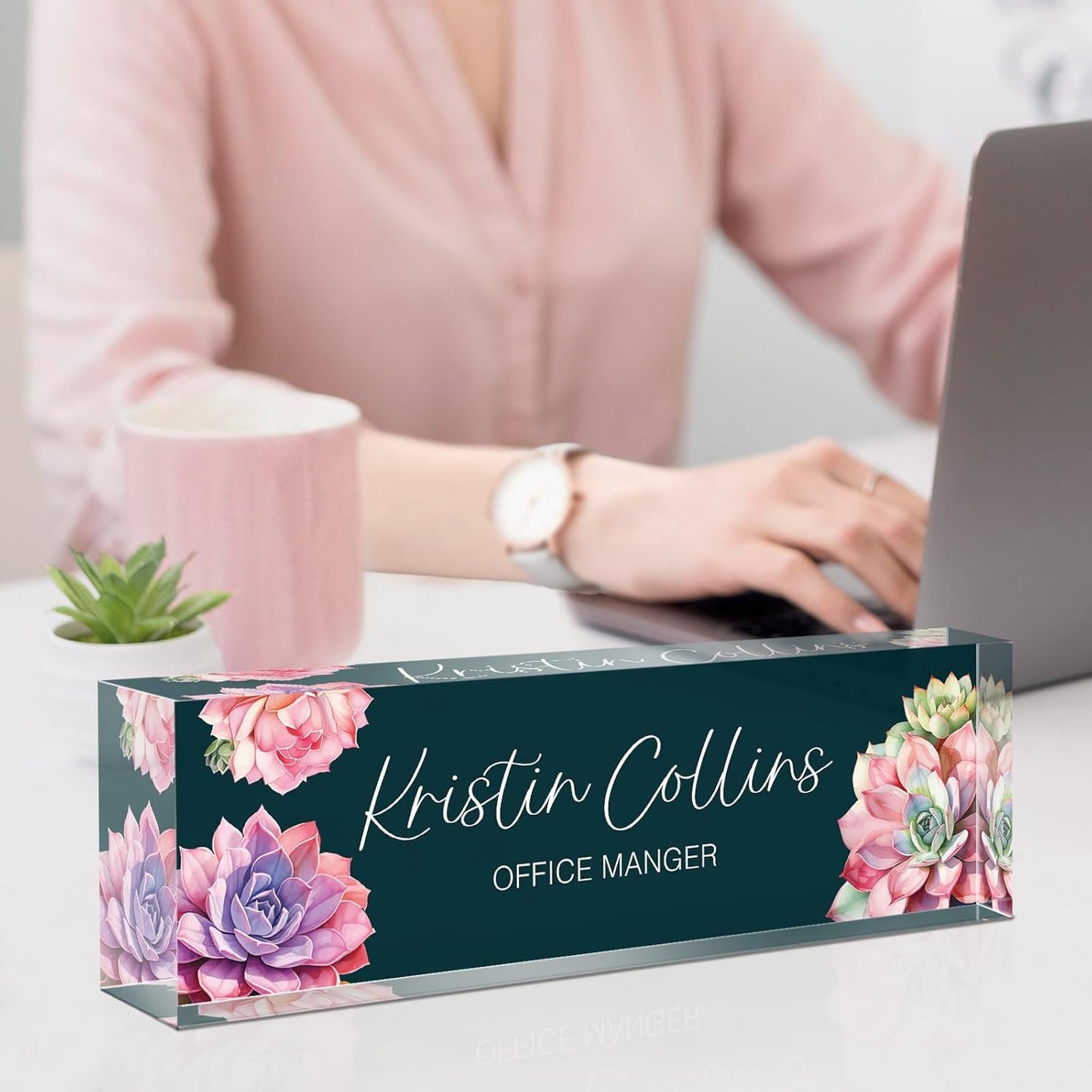 Custom Name Plate for Desk, Acrylic Office Decor For Women Men, Personalized Office Desk Accessories, Teacher Employee Appreciation Gifts For Social Worker Boss Coworkers (Succulent 2)