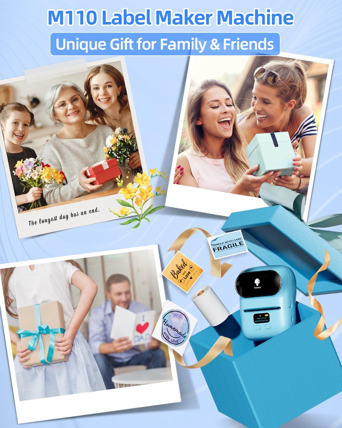 Phomemo Label Maker with 3 Labels- M110 Portable Bluetooth Label Maker Machine for Small Business, Barcode, Address, Logo, Clothing, Jerwery, Compatible with iOS & Android, Blue