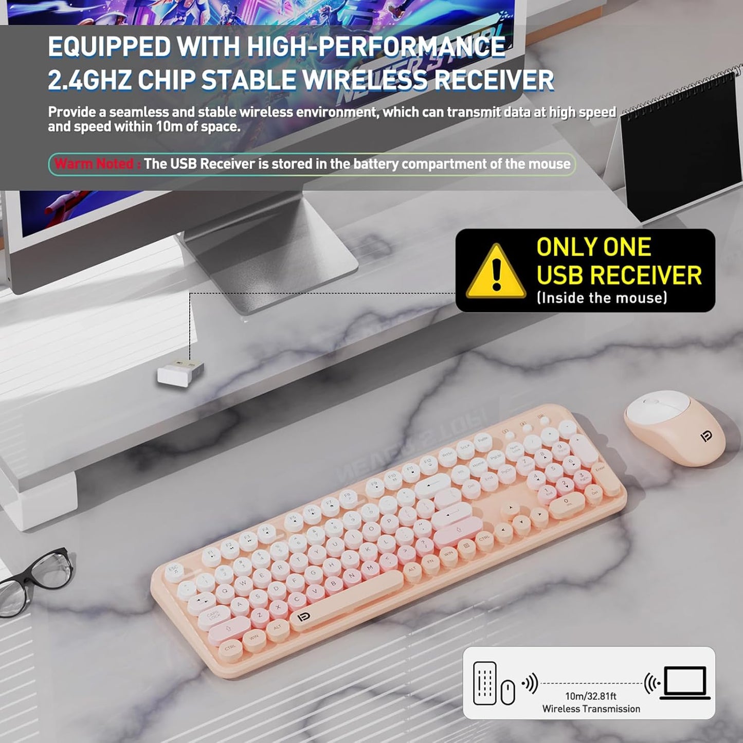 Wireless Keyboard and Mouse Combo, 2.4 GHz Full-Sized Wireless Keyboard Mouse with Round Keycaps for Windows, Computer, Desktop, PC, Laptop (GradientPink)