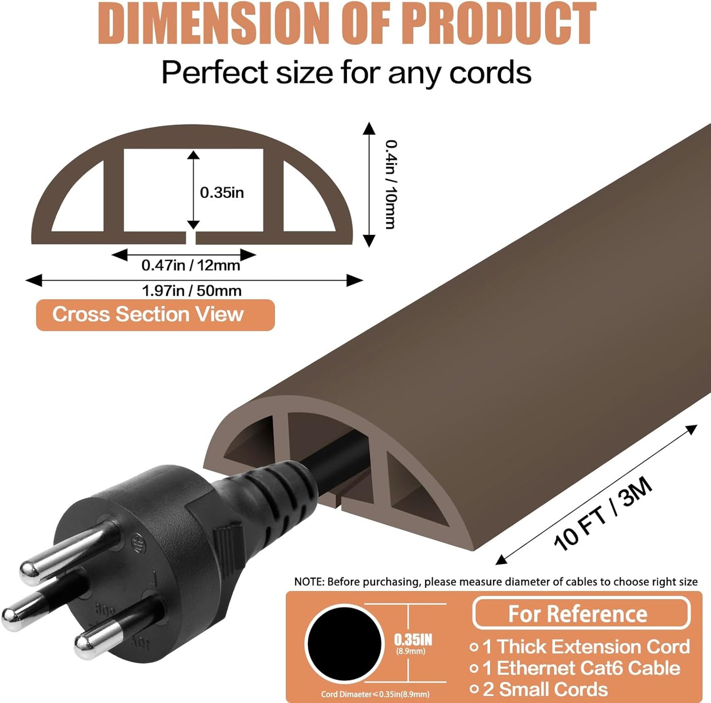 Floor Cord Cover Cable Cavity Self Adhesive Cord Hider Floor 10FT Floor Cable Management Power Cord Protector Floor Electric Cord Covers for Offices, Gym, Exhibitions (CoffeeBrown, 1.97" x 10')