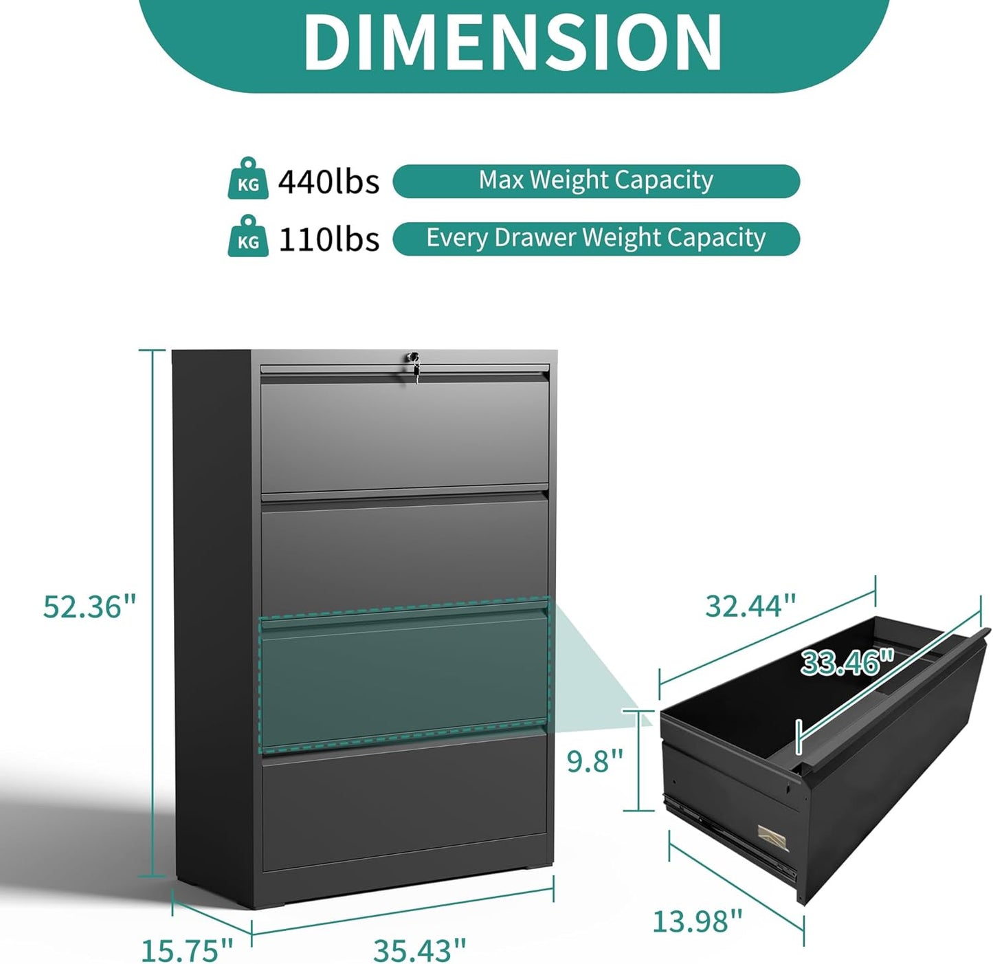 4 Drawer Lateral File Cabinet, Metal Filing Cabinets for Home Office, Steel Storage Wide File Cabinet for Letter/Legal/F4/A4 Size with Hanging Bars, Assembly Required (Black)