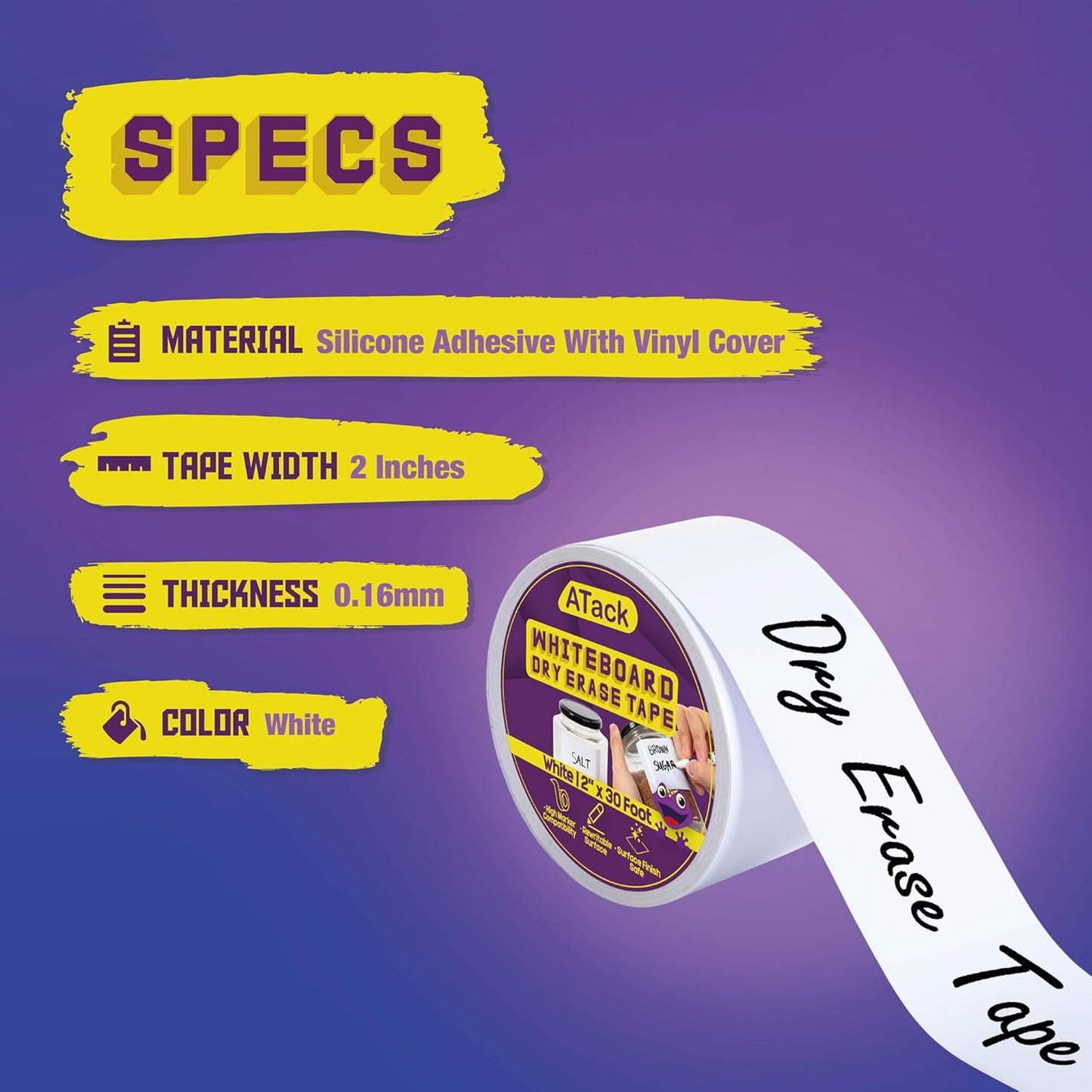 ATack Whiteboard Dry Erase Tape, 2 Inches x 30 Foot, White, Smudge-Free White Board Dry Erase Label Sticker for Storage Bins, Classrooms, and Teachers for Reading Lessons for Sentence Strips