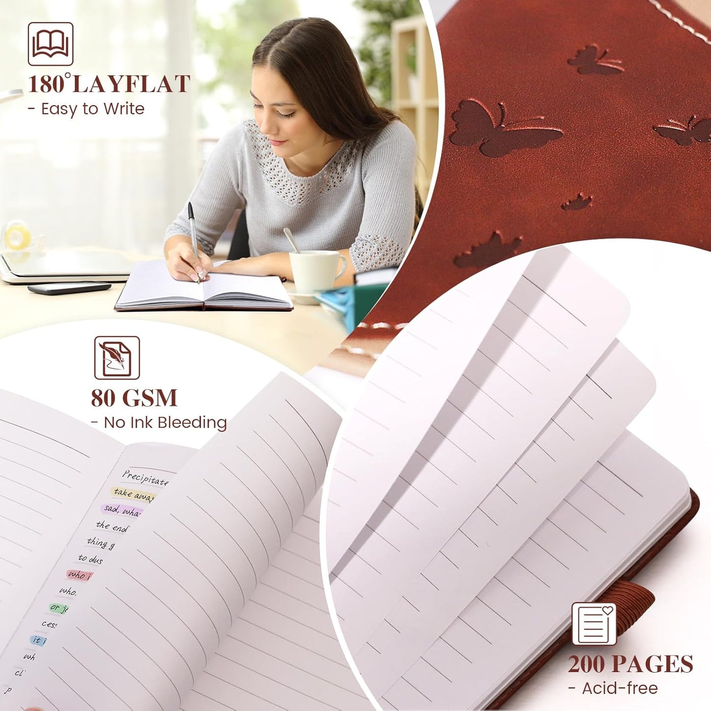 Lined Journal Notebook, A5 Hardcover Leather Journal for Men Women, 200 Pages 100 GSM Thick Paper, Journaling Notebooks for Work School Travel Note Taking, Brown